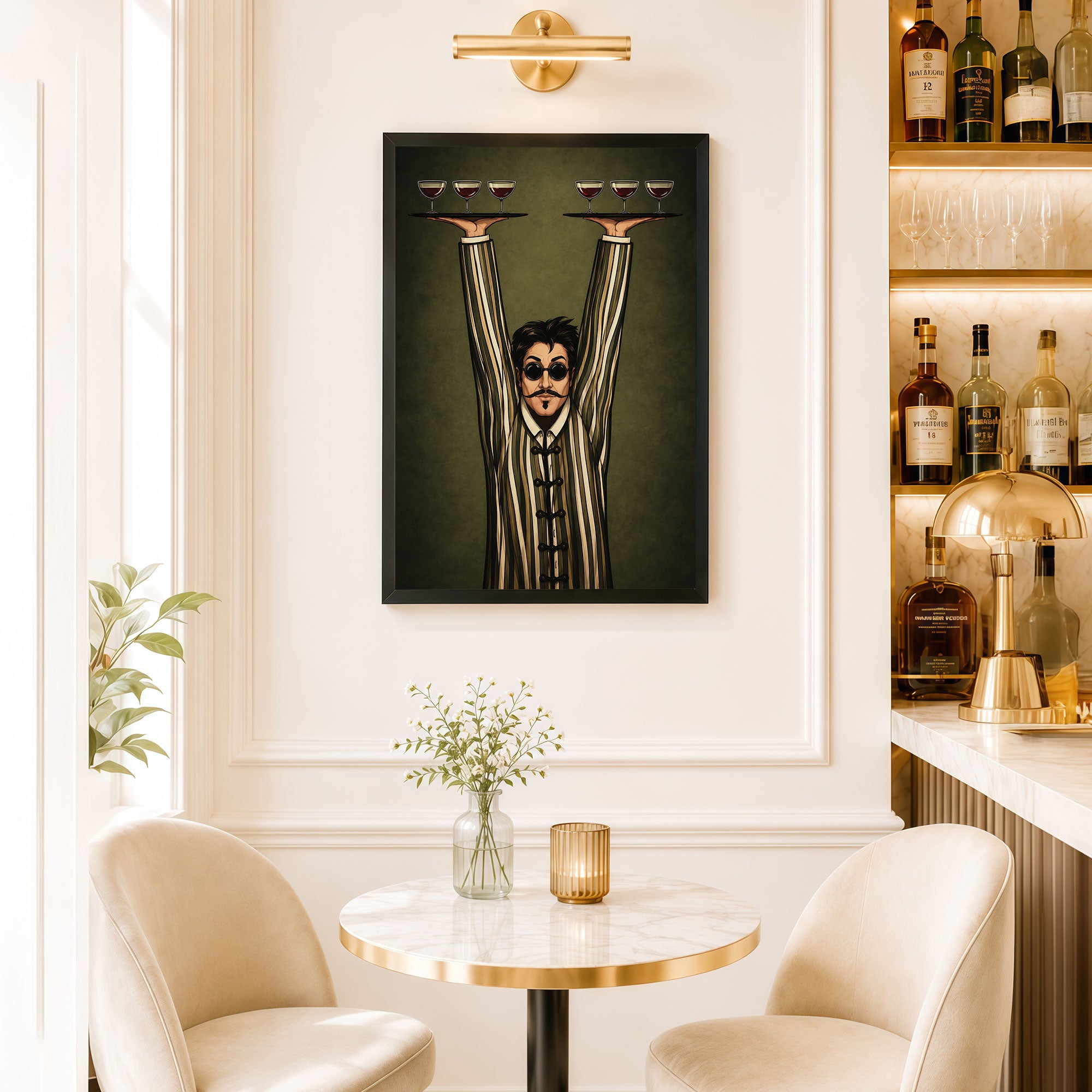 The Castle Decor Vintage Waiter Wine Glass Wall Painting for Bar & Lounge Decor | Premium Framed Art Print for Home Bar, Cafe & Restaurant