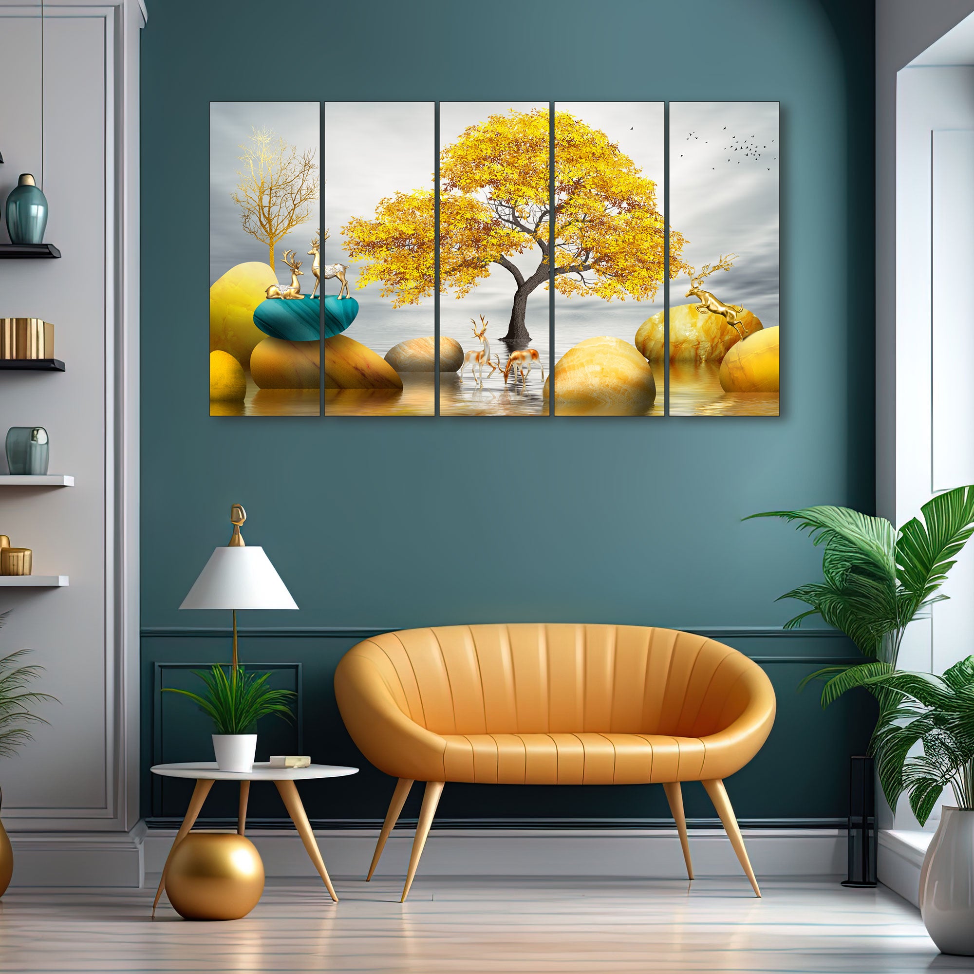 Golden Deer Painting with frame Big Size Wall Art for living room,Bedroom,Drawing room,Hotels