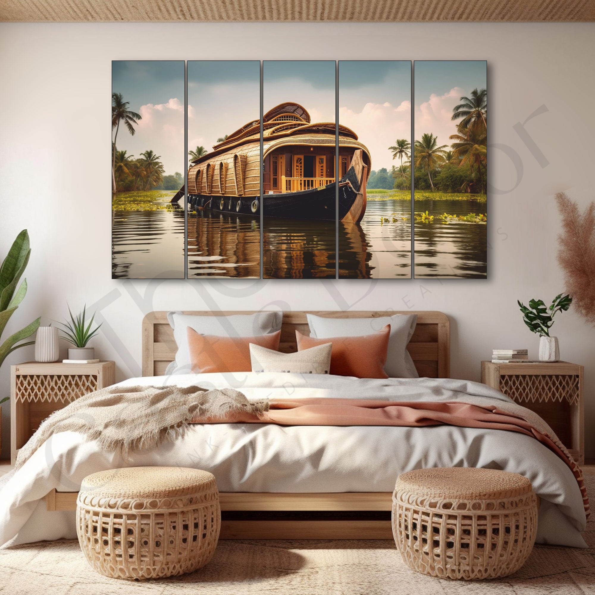 Kerala Houseboat Painting Set of 5 for Home Decoration