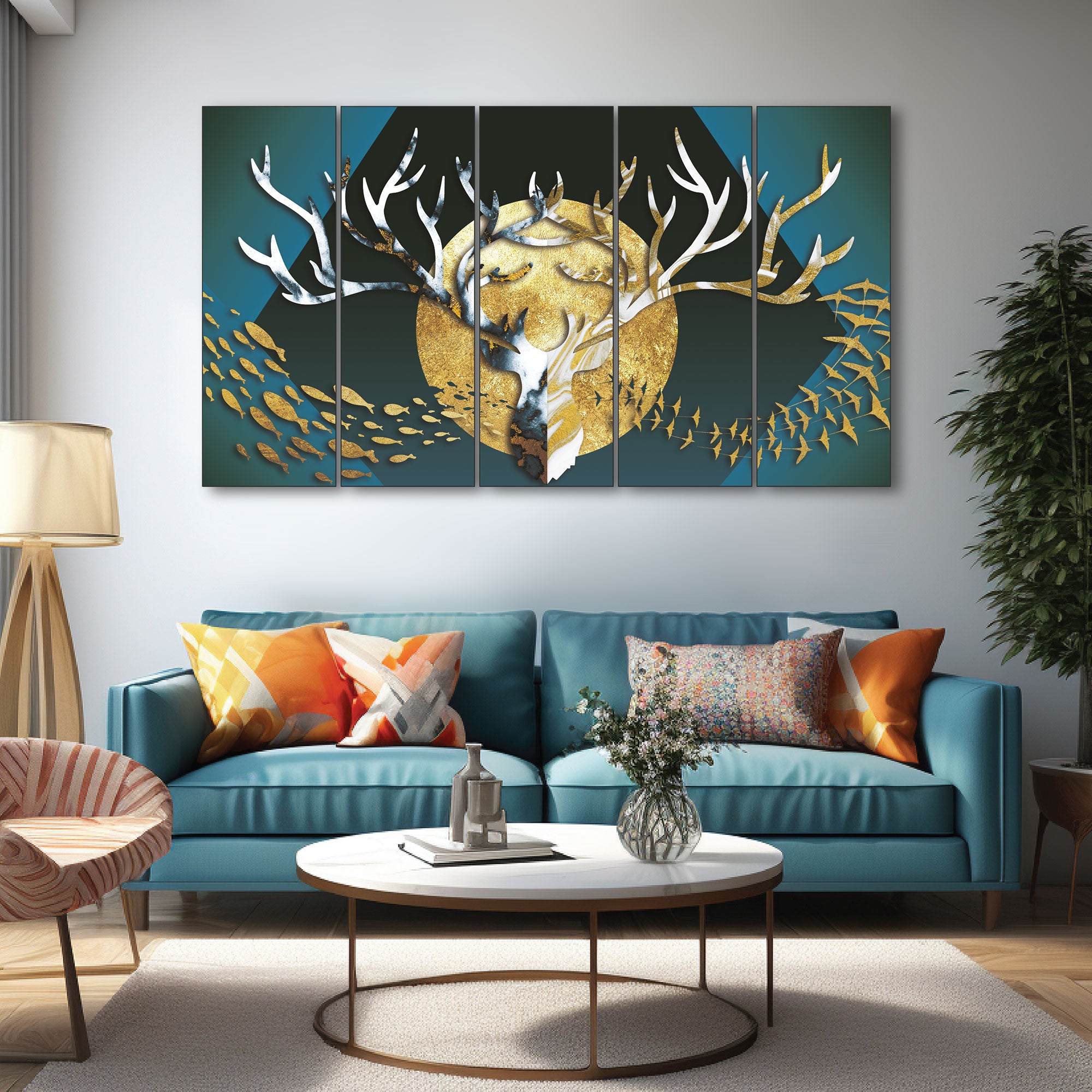 Golden Deer & Fishes Painting with frame Big Size Wall Art for living room,Bedroom,Drawing room,Hotels