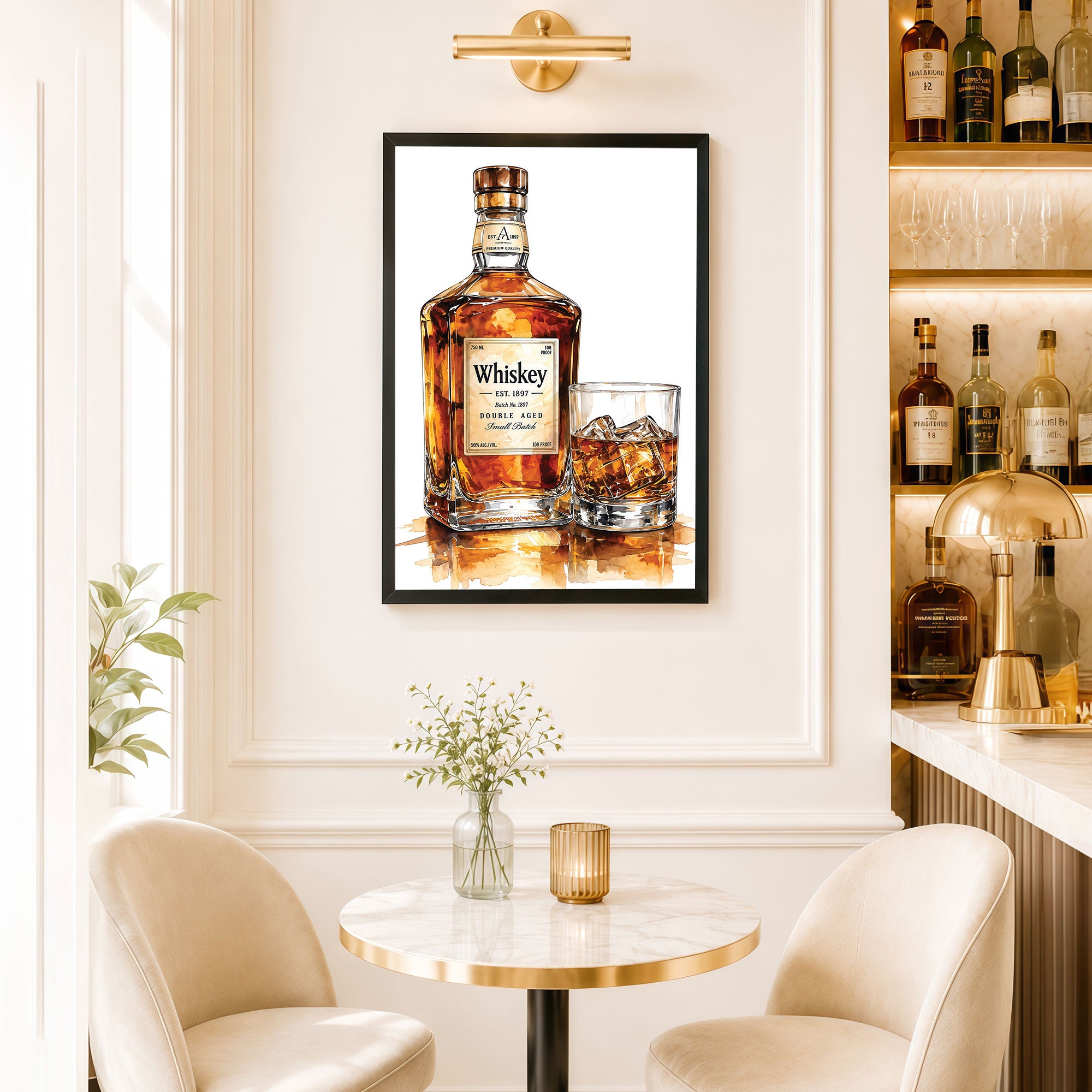 The Castle Decor Whiskey Bottle & Glass Wall Painting | Premium Bar Decor Art Print for Lounge, Pub, Man Cave & Home Bar
