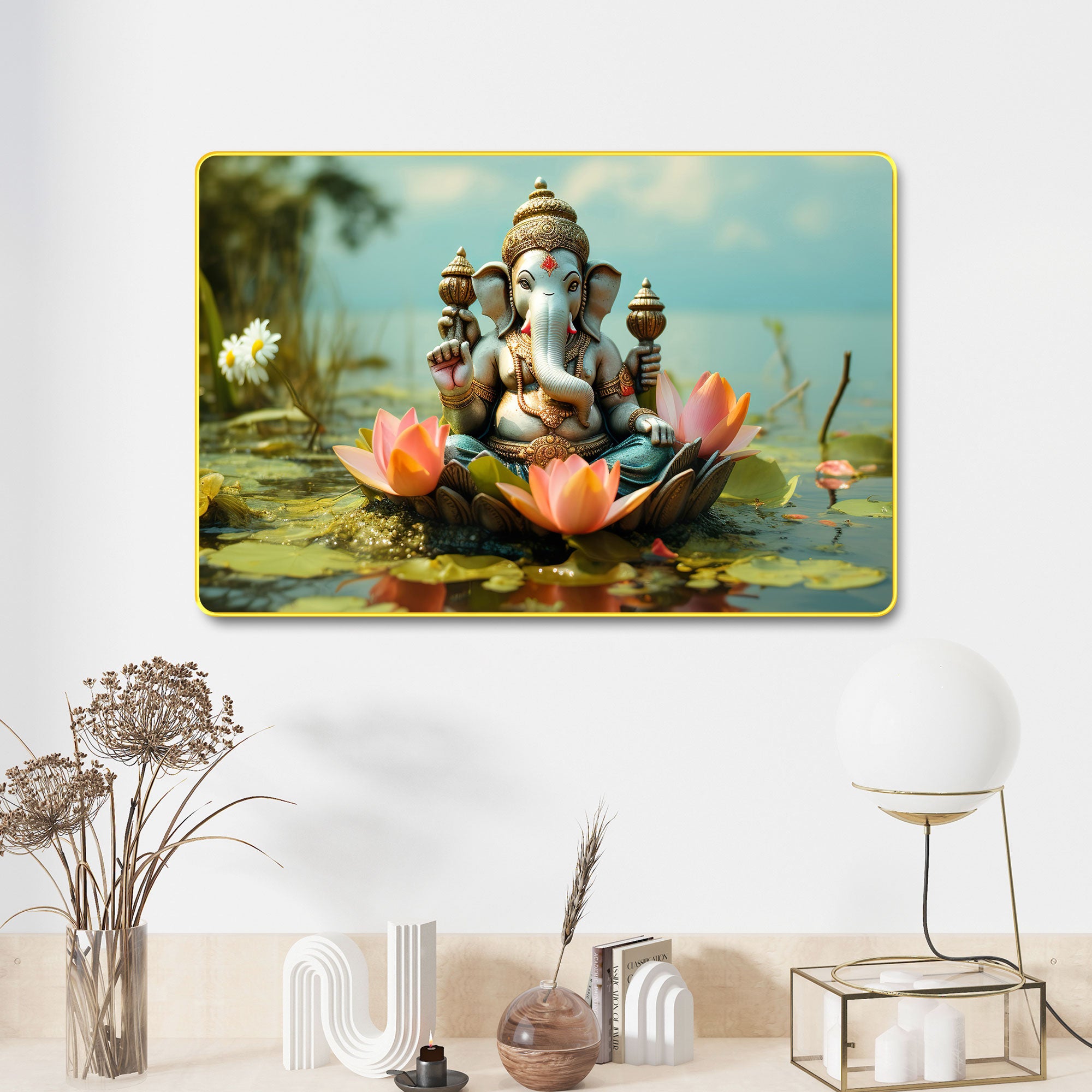 The Castle Decor Lord Ganesha Wall Art Painting with Wooden Frame | Spiritual Hindu God Décor for Living Room, Bedroom, Temple & Office | Auspicious Gift Option