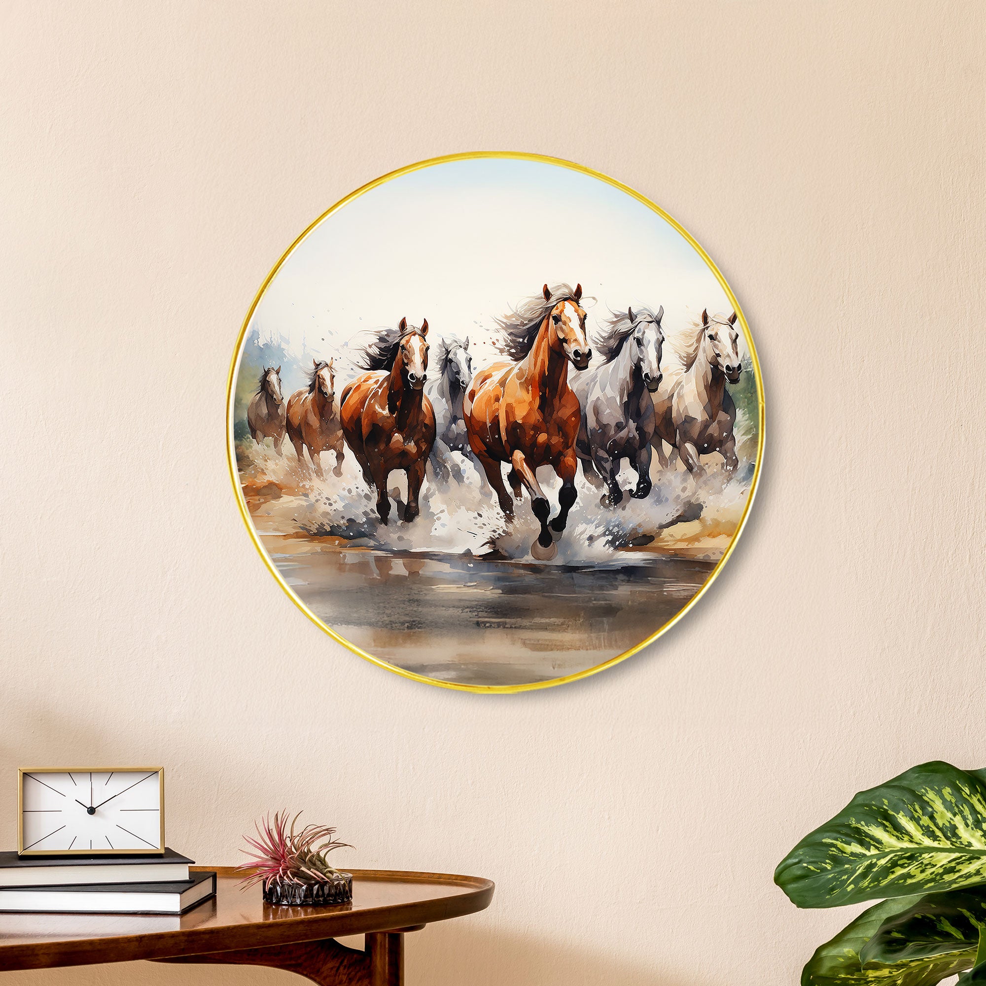 The Castle Decor 7 Running Horses Vastu Wall Art | Round Golden Frame Painting for Home, Hotel, Living Room, Office & Gift Décor