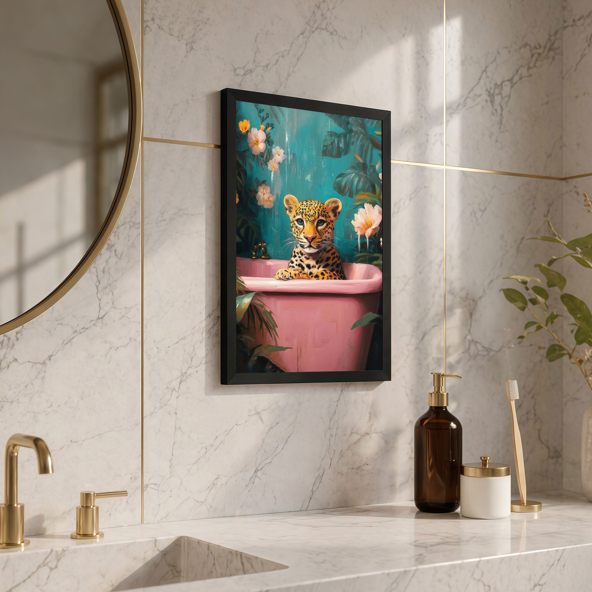 The Castle Decor Cute Leopard in Pink Bathtub Framed Wall Art – Funny Animal Bathroom Decor, Quirky Jungle Wild Cat Framed Poster for Restroom & Powder Room, Humorous Home Decor