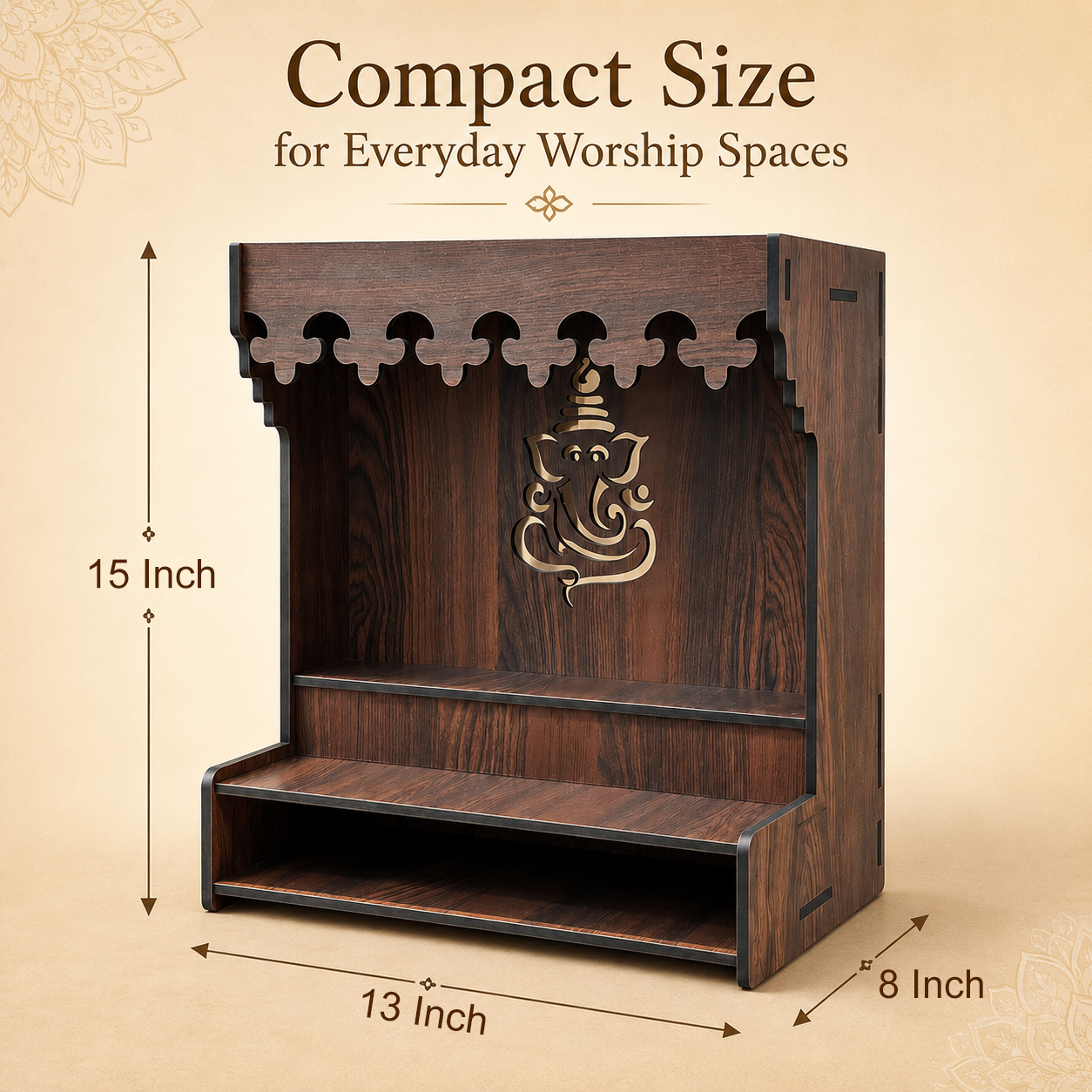 The Castle Decor Wooden Mandir for Home, Wall Hanging & Tabletop Pooja Temple with Ganesha Cutwork, 2-Tier Storage Shelf, Mandir for Pooja Room, Office, Hostel & Apartment, 13 x 15 x 8 Inch