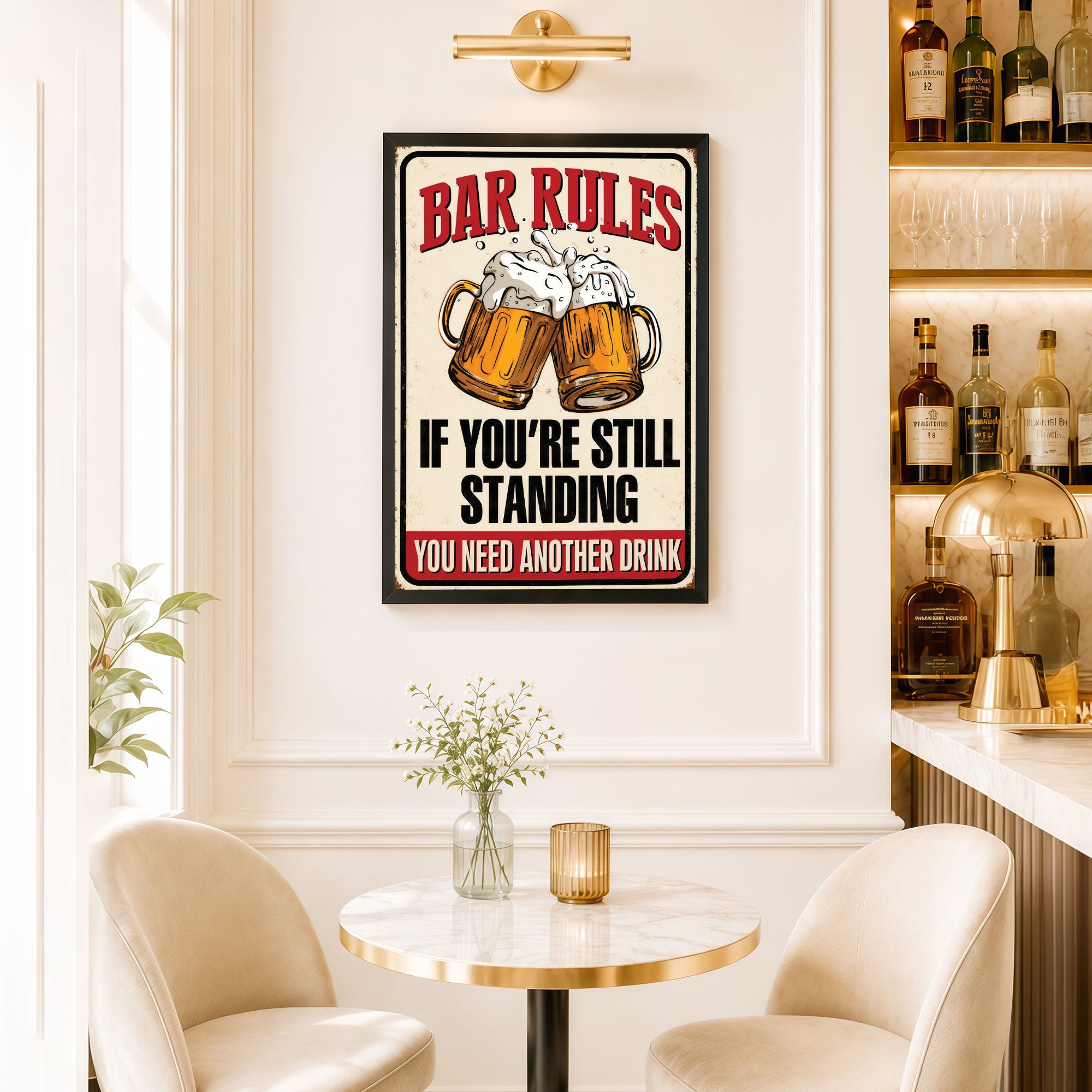 Funny Bar Rules Wall Poster – If You’re Still Standing You Need Another Drink | Vintage Bar Decor for Pub, Lounge & Home Bar