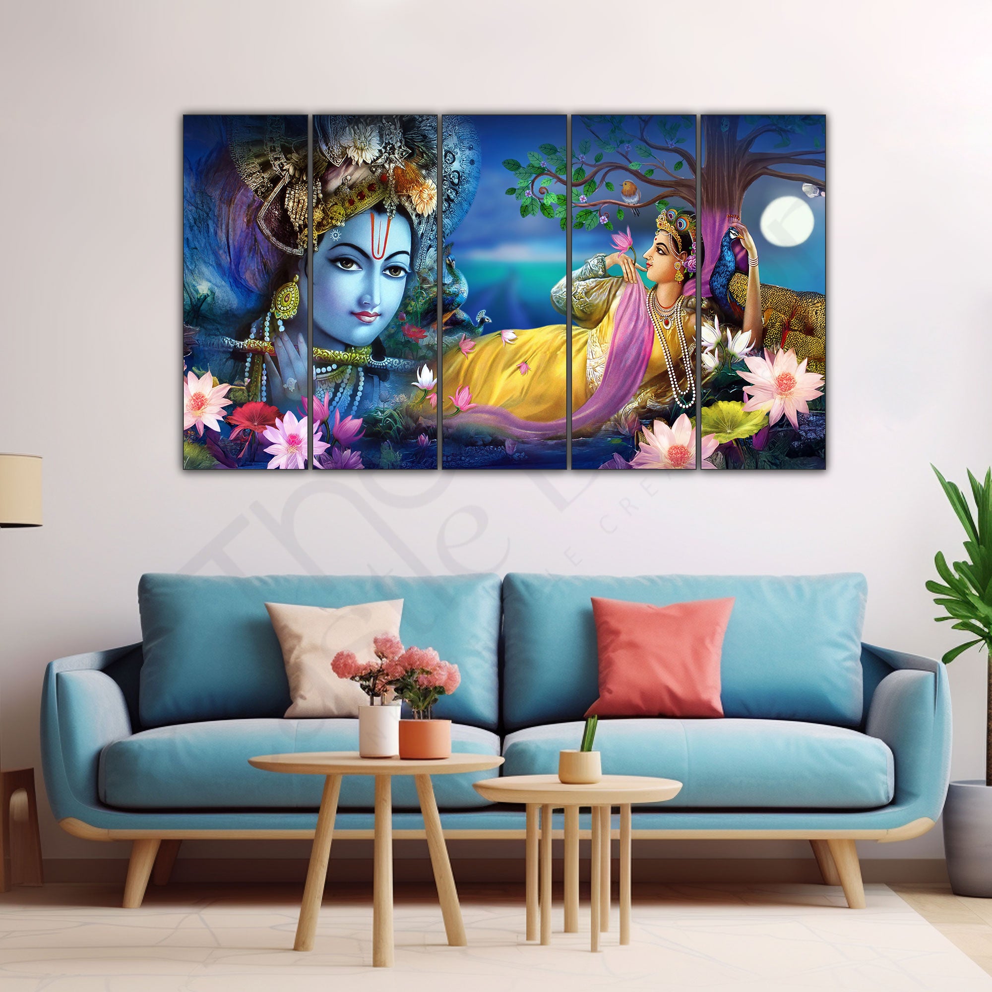 Lord Radha krishn Set of 5 Big Size Multiple Frames Wall Art Painting for living room,Bedroom,Drawing room,Hotels-Wooden Framed-Digital Painting 27x48"
