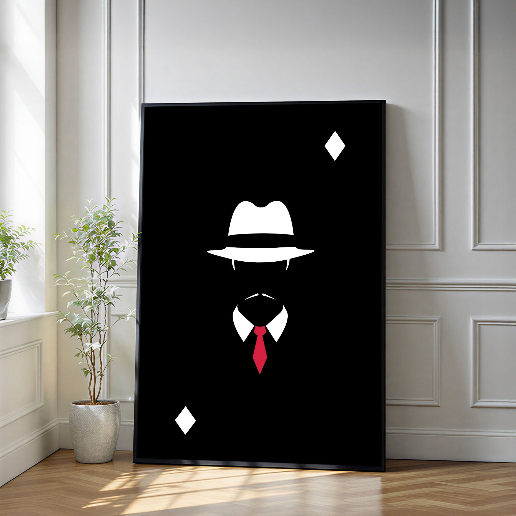 The Castle Decor Minimalist Mafia Style Wall Art, Classic Hat Suit Abstract Artwork with Premium Sparkle Finish, 20×30 Inch Wall Décor for Office & Studio