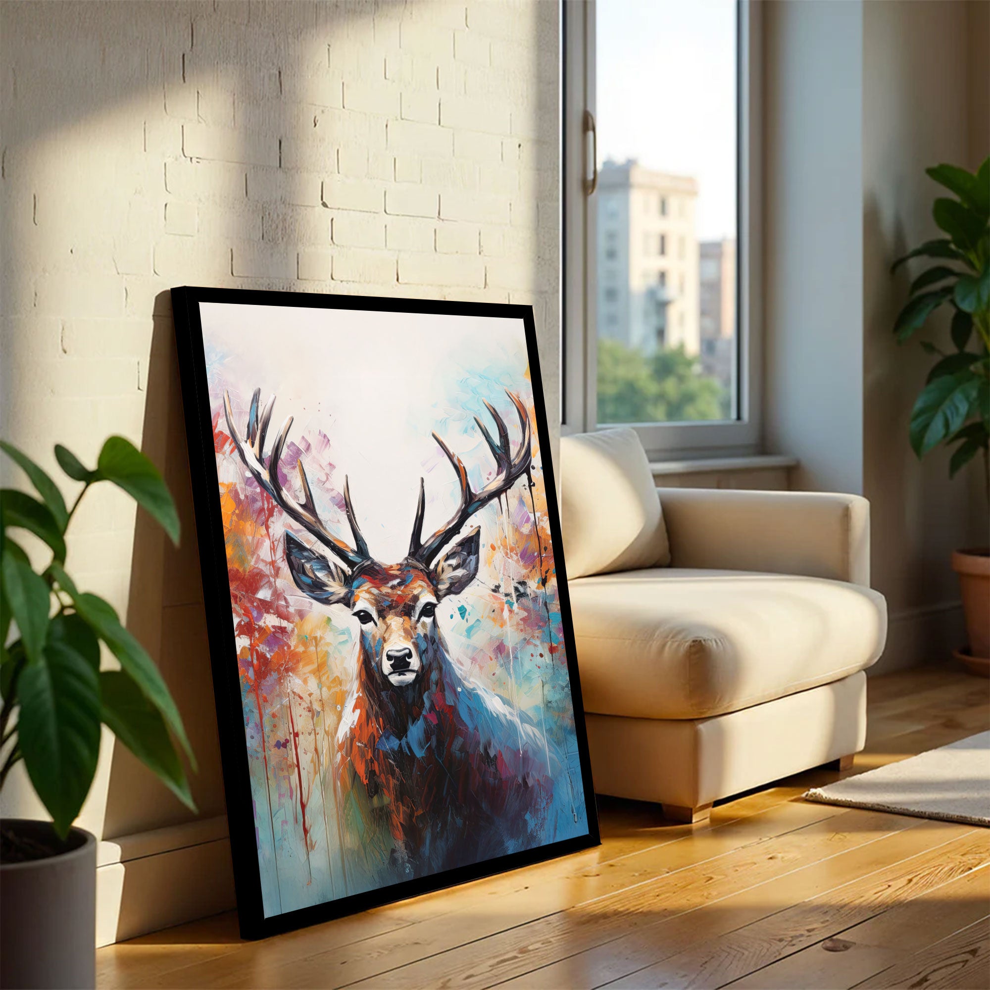 The Castle Decor Abstract Deer Wall Painting | Lucky Charm Abstract Deer Art for Living Room & Bedroom | Big Size Multicolor Canvas Wall Decoration with Frame (20x30 Inch)-2