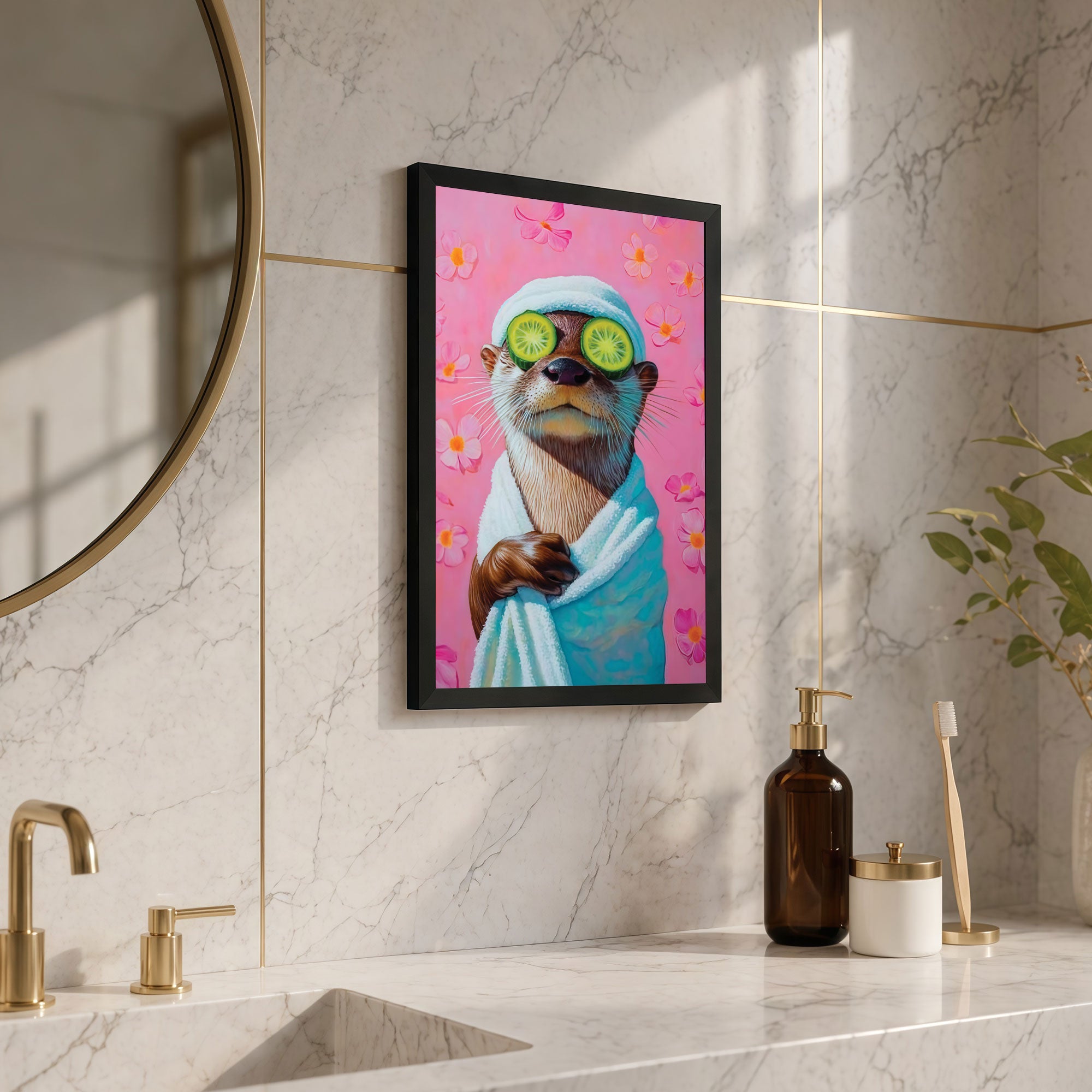 The Castle Decor Cute Spa Otter Wellness Bathroom Framed Wall Art – Funny Animal wrapped in Towel with Cucumbers Framed Poster, Quirky Pink Restroom Decor, Relatable Self Care Art