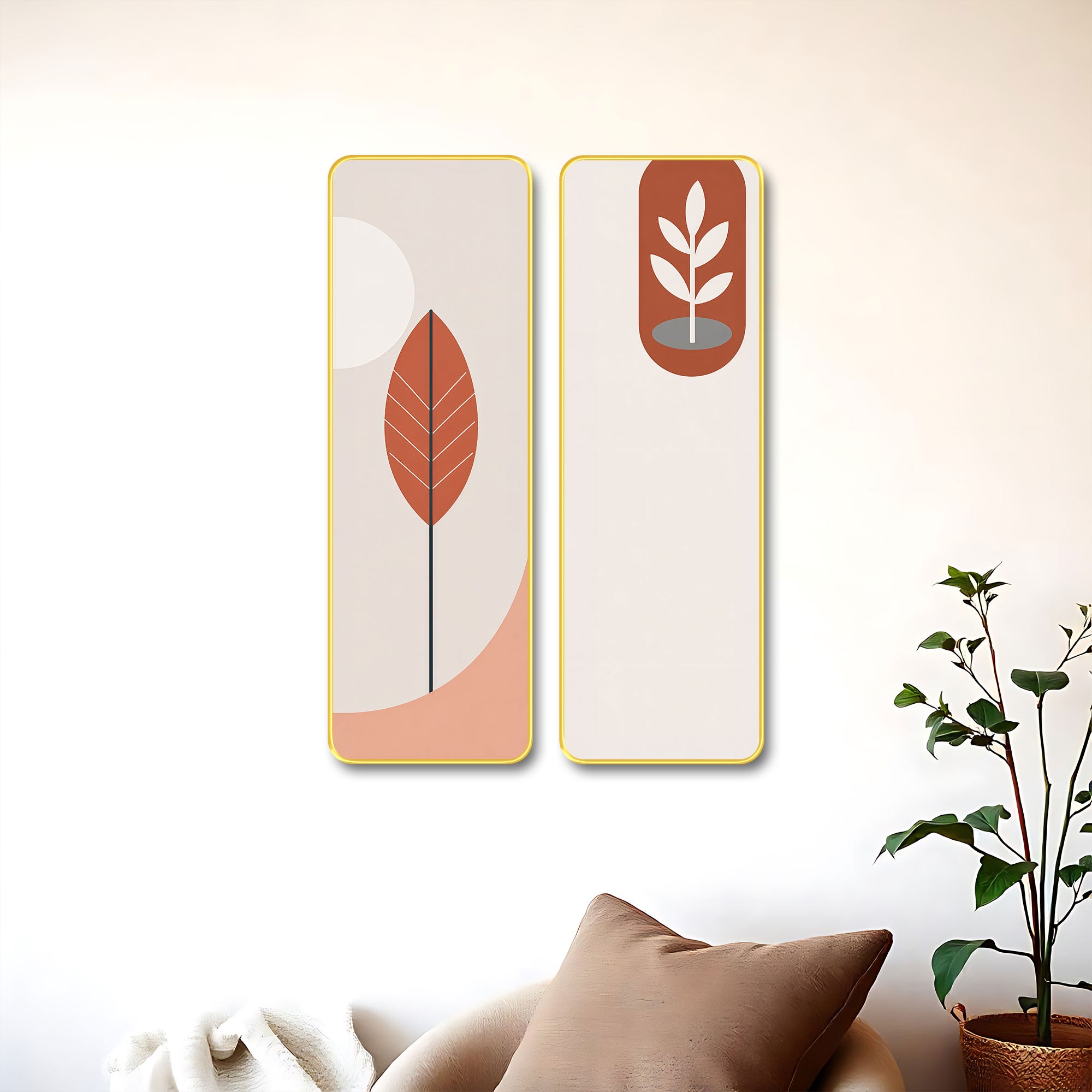 The Castle Decor Modern Boho Wall Art Set of 2 for Living Room | Minimalist Botanical Leaf Painting | Abstract Nordic Wall Decor for Bedroom Office Hallway Home Decoration