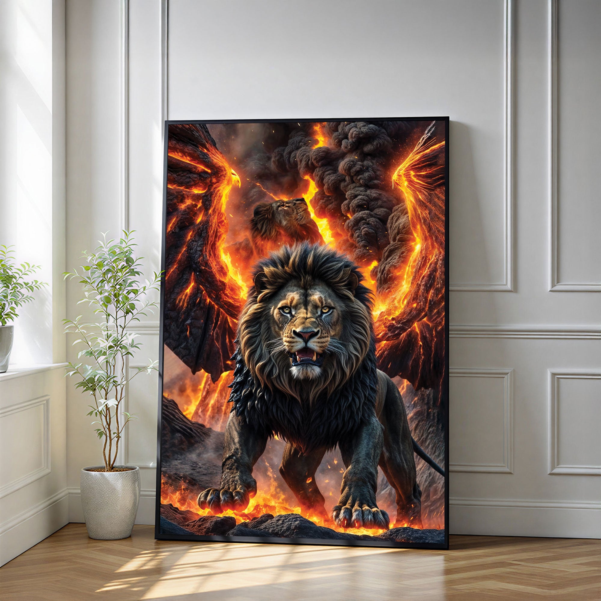 The Castle Decor Fire Lion Power Wall Art Poster, Fierce Wildlife Fantasy Artwork with Premium Sparkle Finish, 20×30 Inch Wall Décor for Living Room & Office