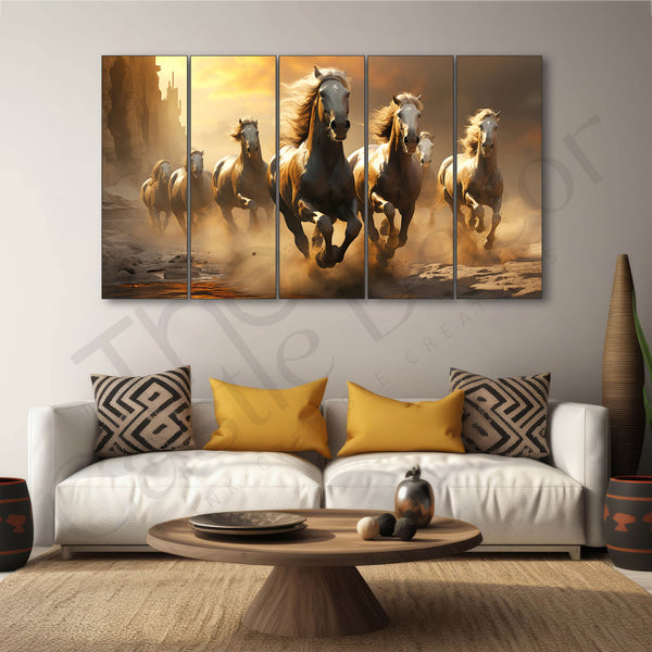 Vaastu 7 running horses Set of 5 Big Size Multiple Frames Wall Art Painting for living room,Bedroom,Drawing room,Hotels-Wooden Framed-Digital Painting.