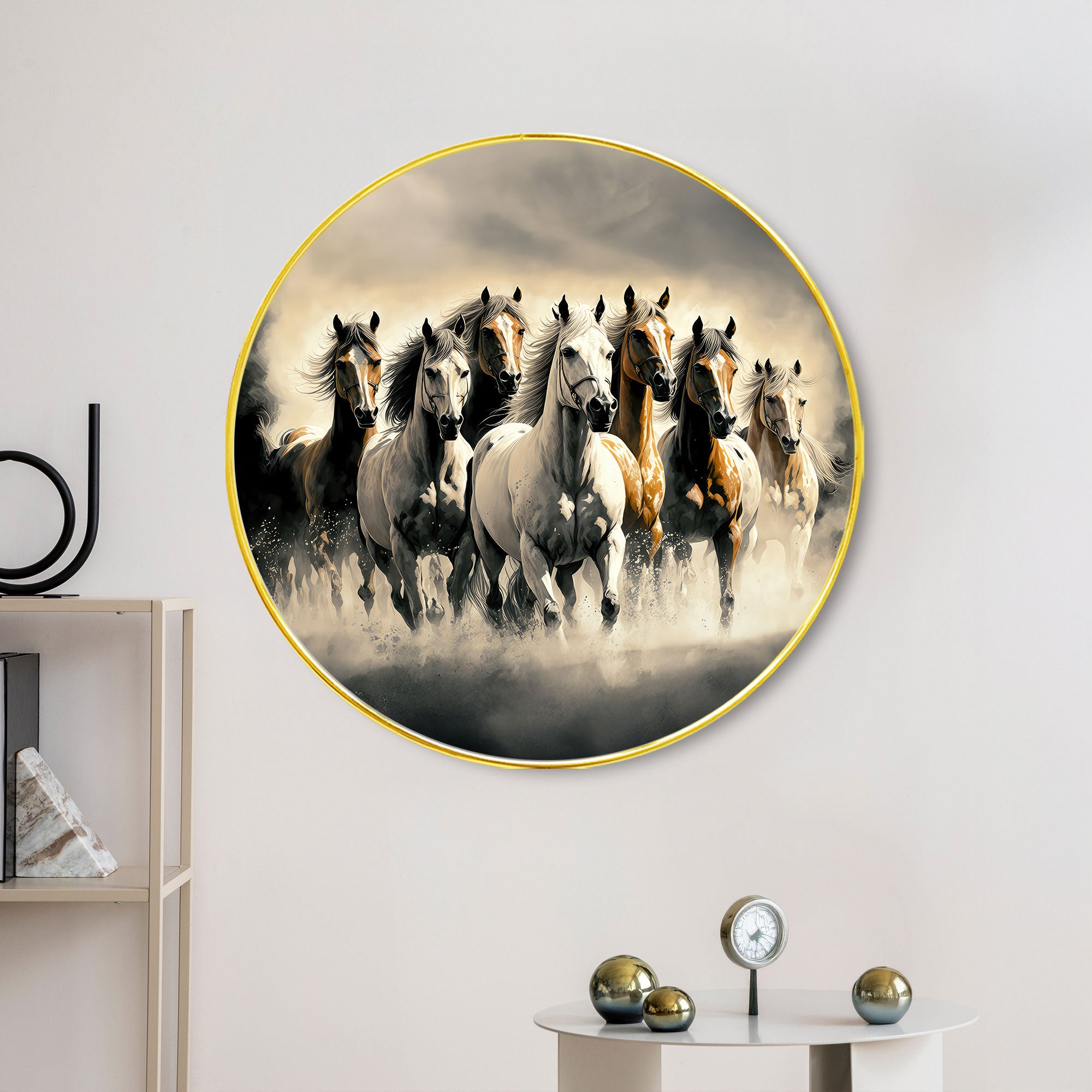 The Castle Decor Vastu 7 Horses Running Wall Hanging | Elegant Golden Round Frame Painting for Home, Hotel, Living Room & Gift Decoration