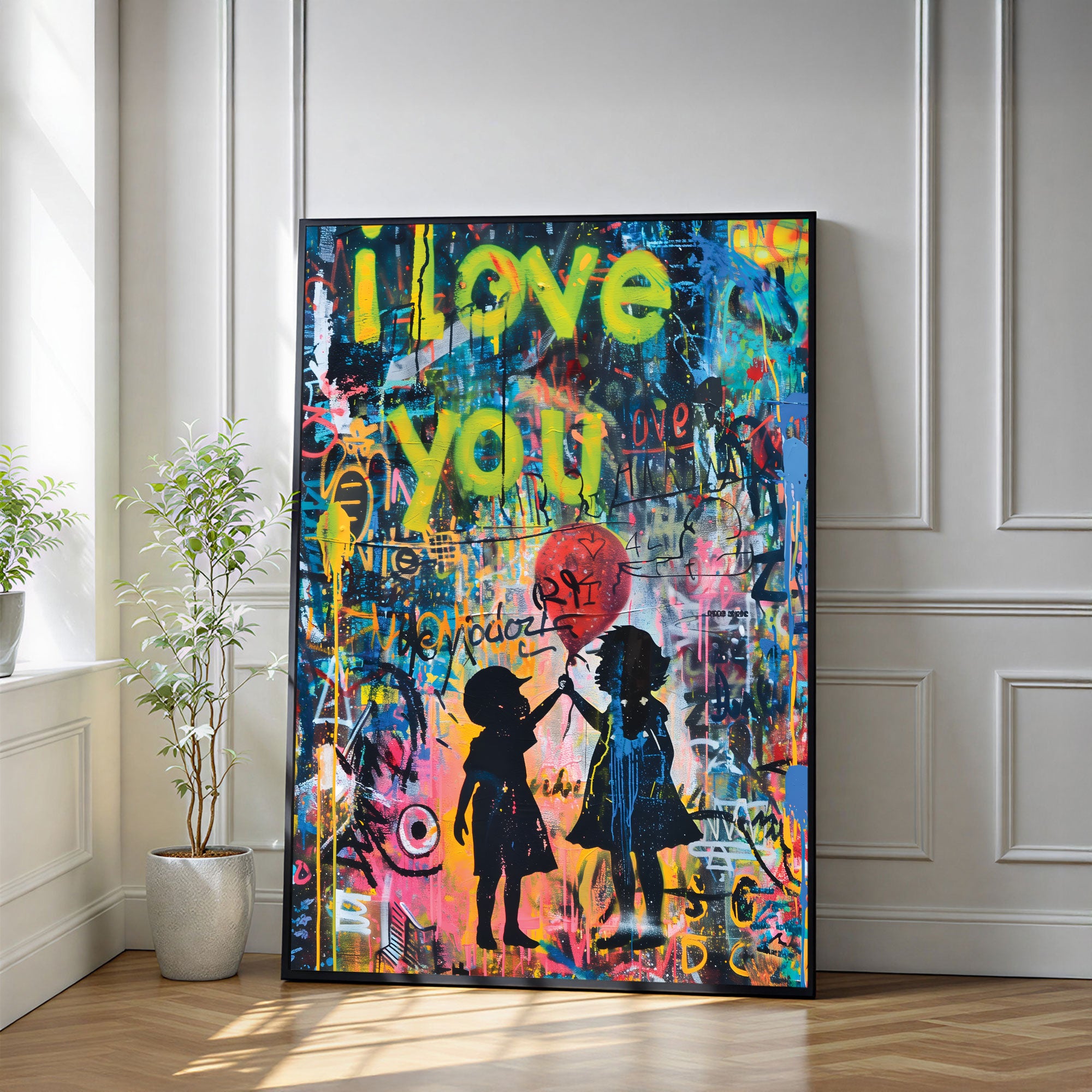 The Castle Decor Love You Street Art Wall Art – Romantic Graffiti Silhouette with Heart Balloon, Premium Sparkle Finish, 20×30 Inch Wall Décor for Bedroom & Living Space