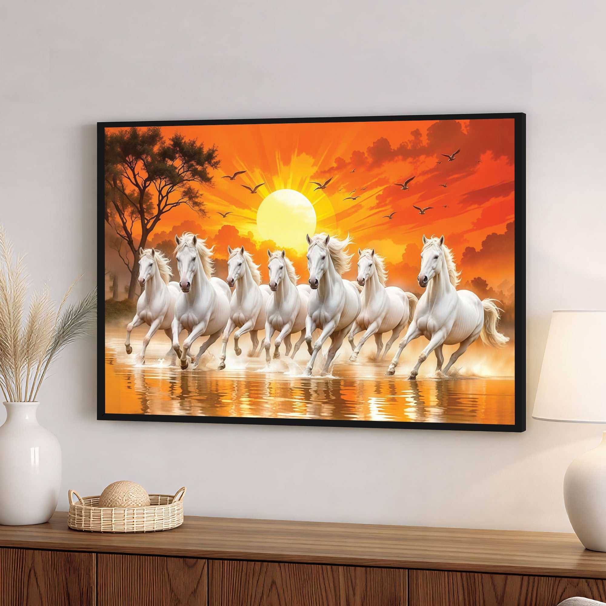 The Castle Decor 7 Running White Horses Wall Painting, Sunrise Sunset Theme, Vastu Wall Art for Living Room, Office, Bedroom Decor 20X30  inch -1001