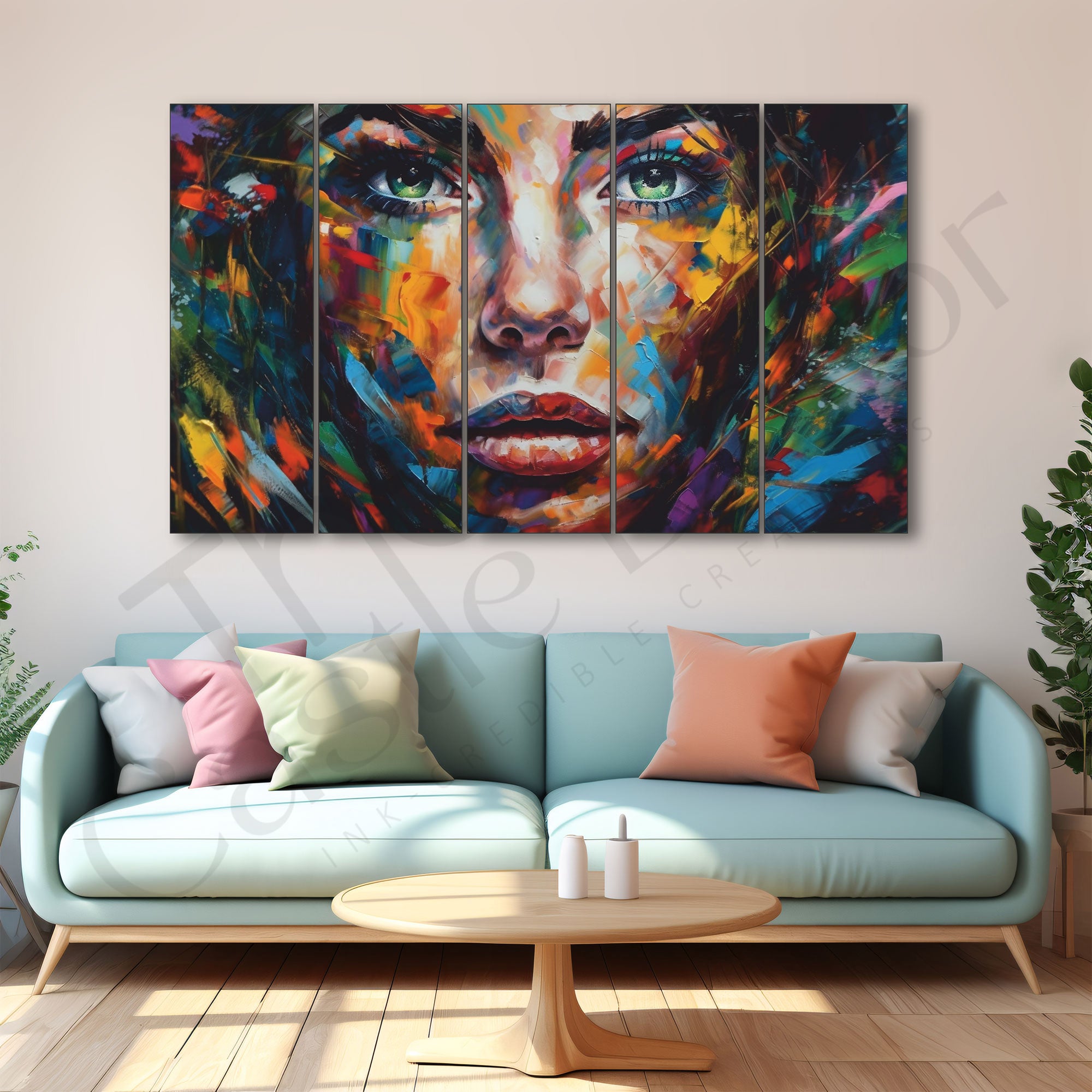 Multicolour woman face Abstract Art painting Set of 5 Big Size Multiple Frames Wall Art Painting for living room,Bedroom,Drawing room,Hotels-Wooden Framed-Digital Painting