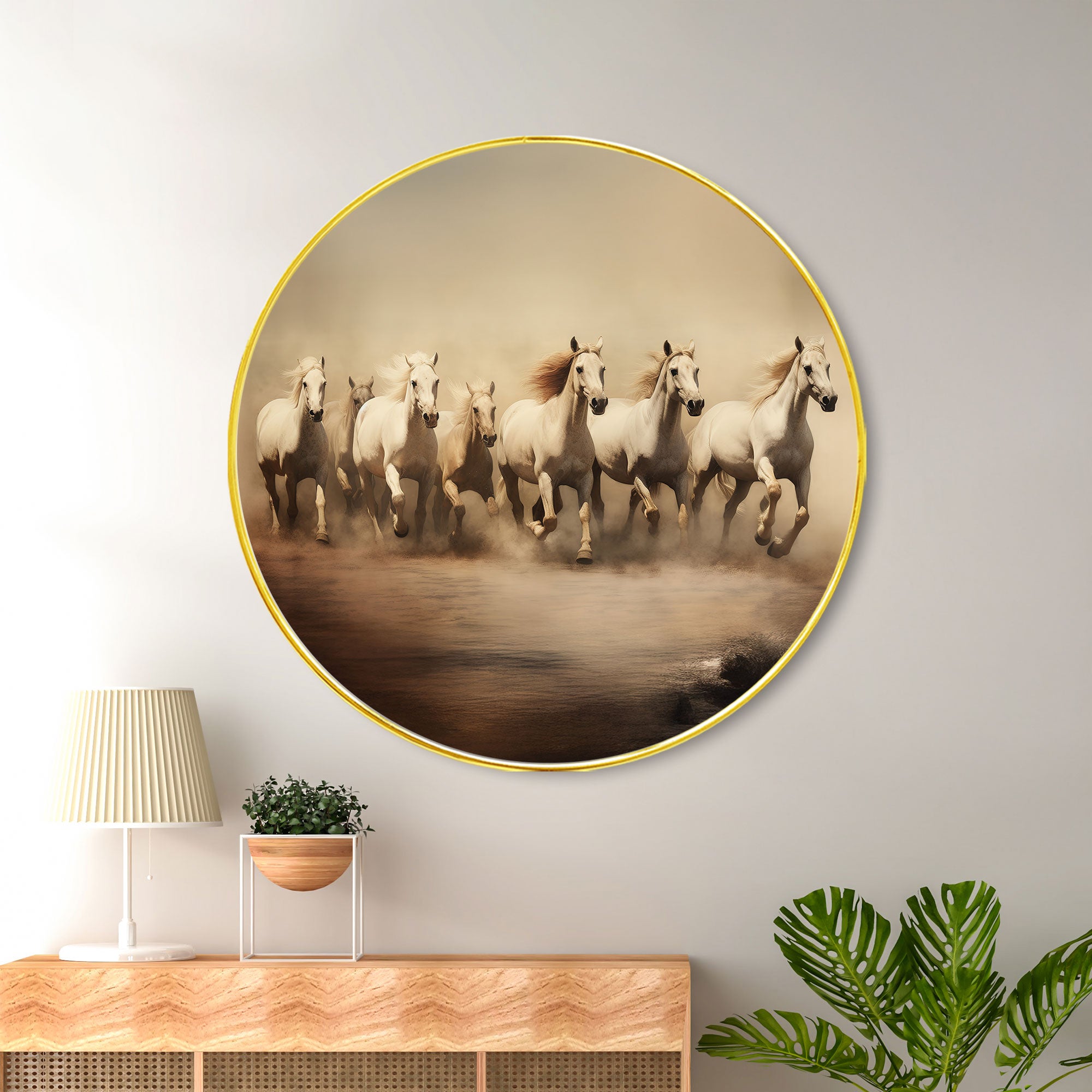 The Castle Decor 7 Running Horses Vastu Round Wall Art | Positive Energy Golden Frame Painting for Home, Hotel, Office & Gift Décor