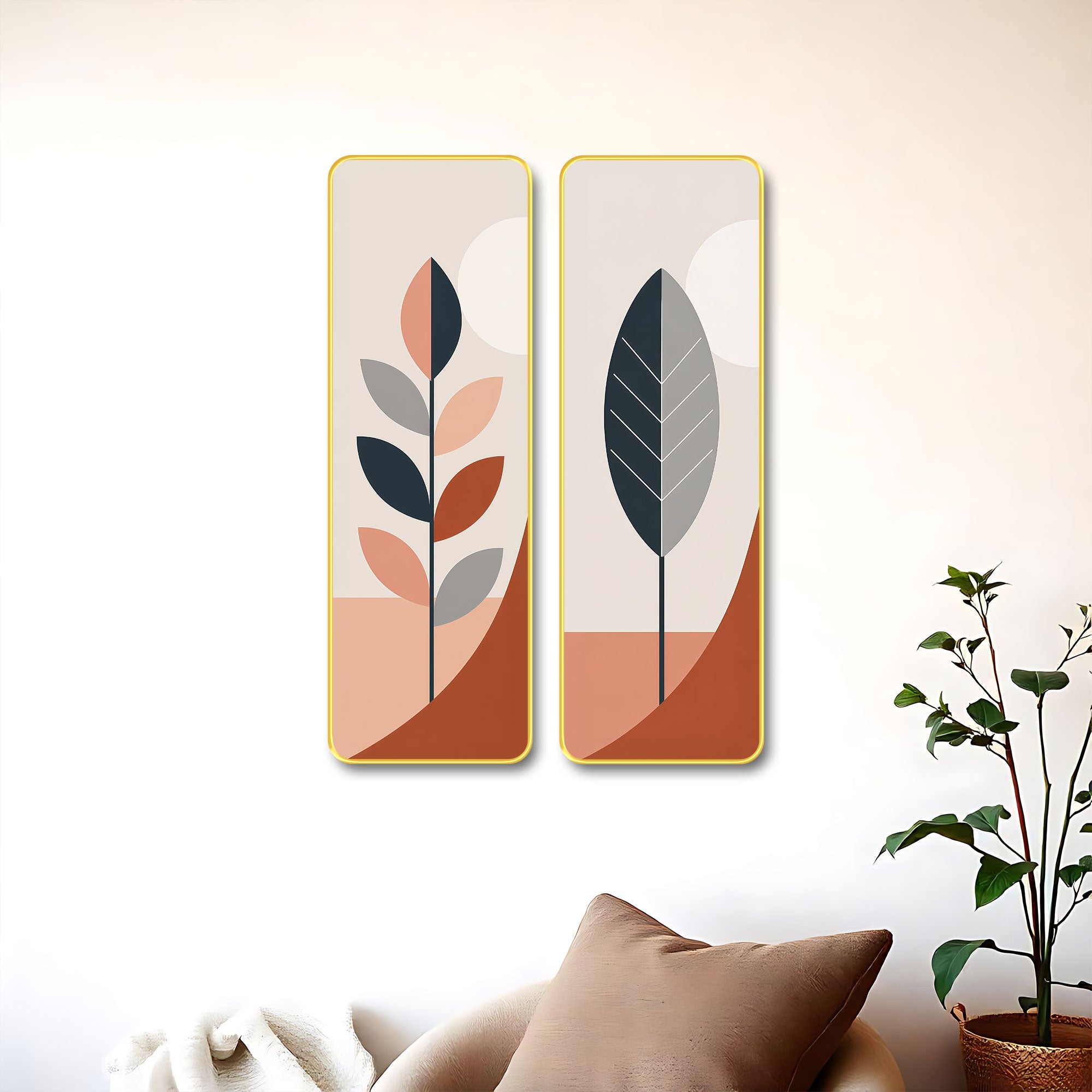 The Castle Decor Modern Abstract Botanical Painting Set of 2 | Beige Terracotta Leaf Wall Art | Aesthetic Home Decor for Hallway Bedroom Office
