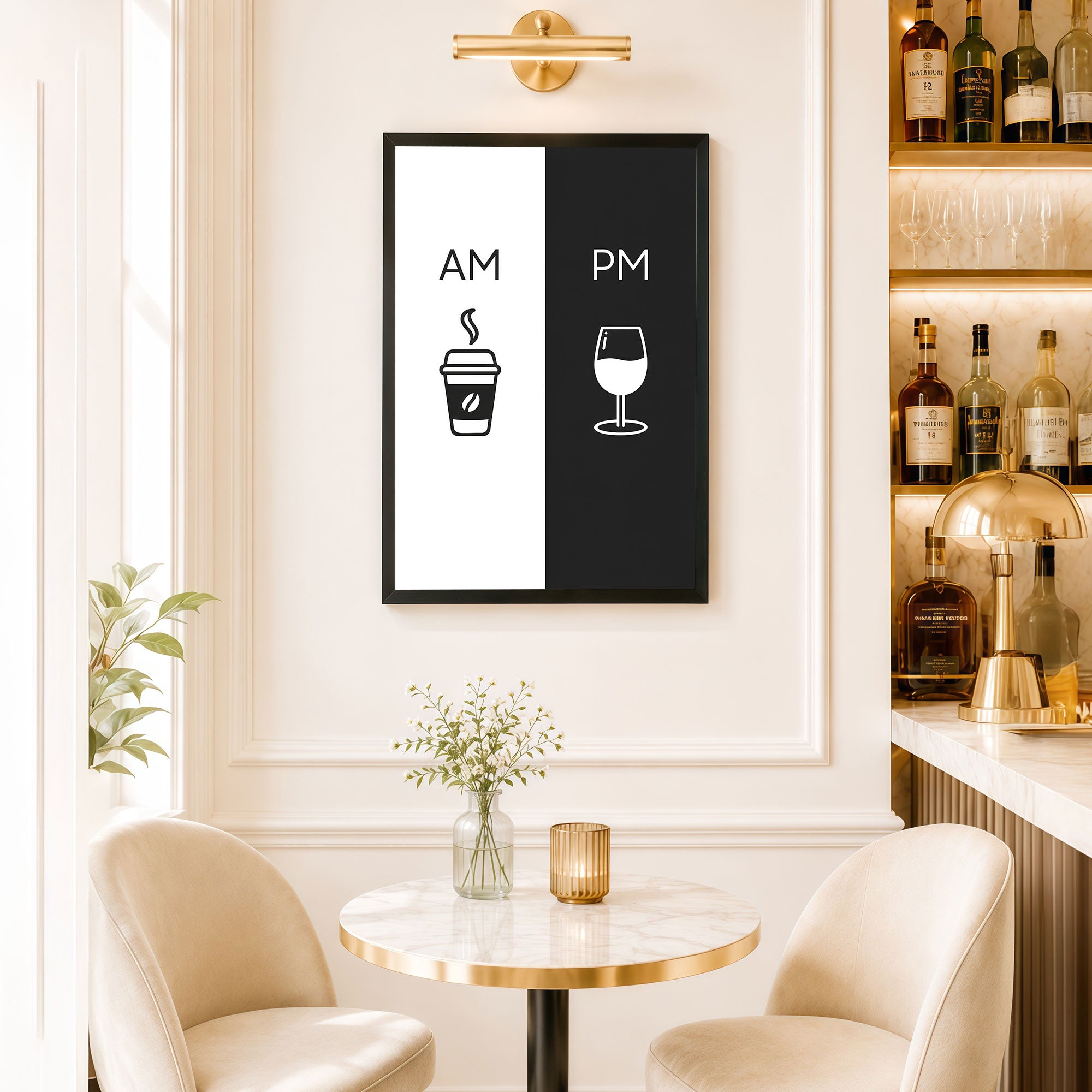 The Castle Decor AM PM Coffee & Wine Minimal Wall Art Poster | Modern Kitchen, Bar, Cafe & Dining Room Decor