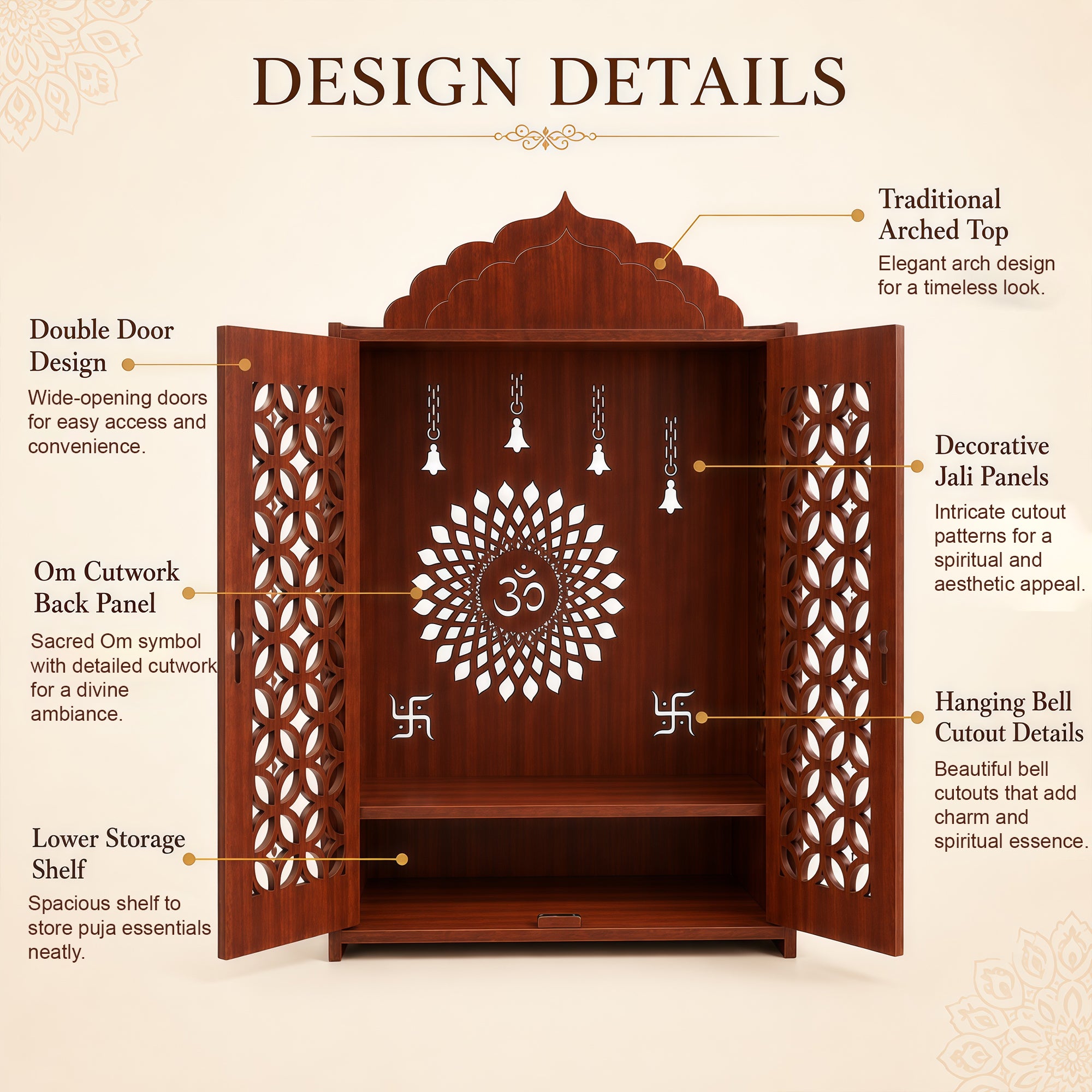 The Castle Decor Wooden Mandir for Home, Premium MDF Home Temple with Double Doors for Pooja Room, Wall Hanging & Tabletop Temple, Matte Finish, 16.5 x 24.5 x 10.5 Inch