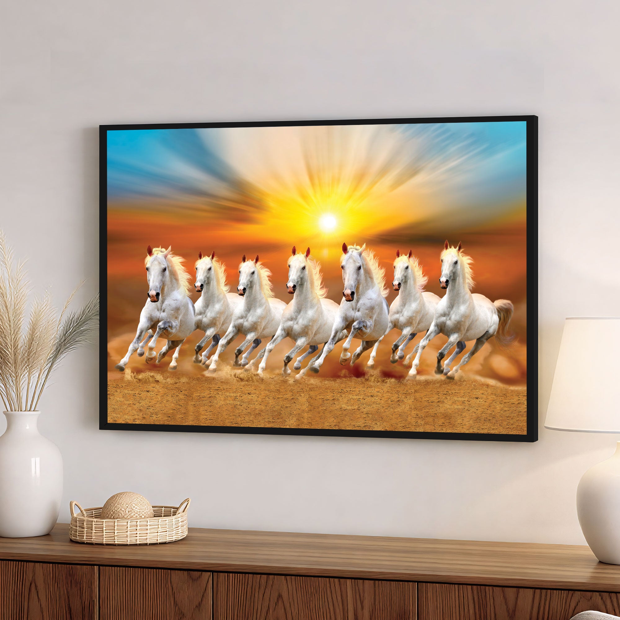 The Castle Decor 7 Running White Horses Wall Painting, Sunrise Sunset Theme, Vastu Wall Art for Living Room, Office, Bedroom Decor 20X30  inch -1005