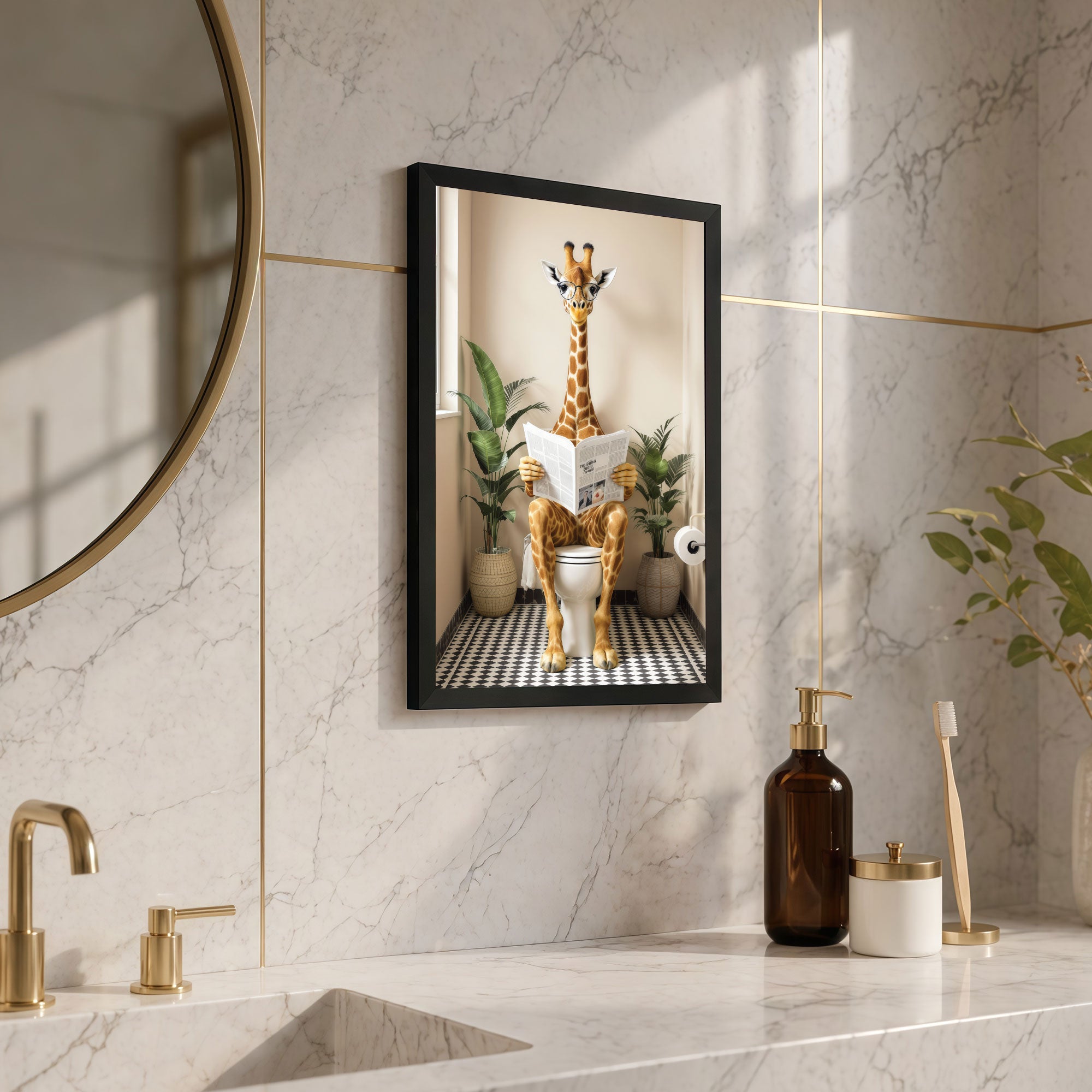 The Castle Decor Funny Giraffe Reading Newspaper on Toilet Framed Wall Art – Whimsical Animal sitting on Commode Framed Poster, Cute Restroom & Powder Room Wall Decor
