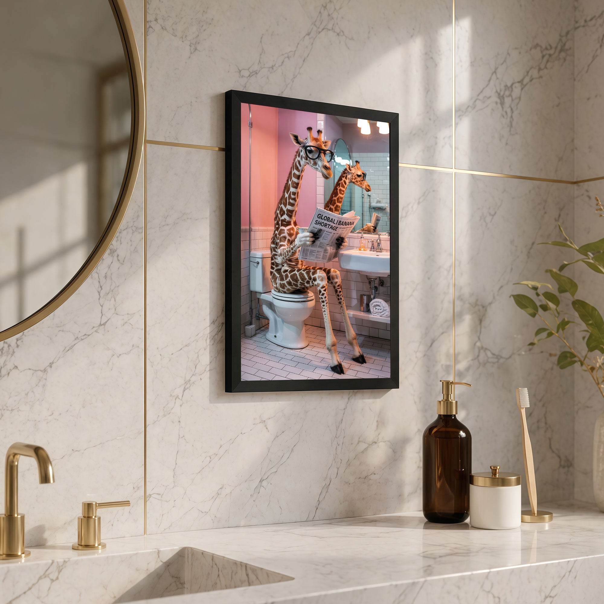 The Castle Decor Quirky Giraffe on Toilet Reading Newspaper Framed Wall Art – Funny Safari Animal in Pink Bathroom Framed Poster, Modern Humorous Restroom Wall Decor