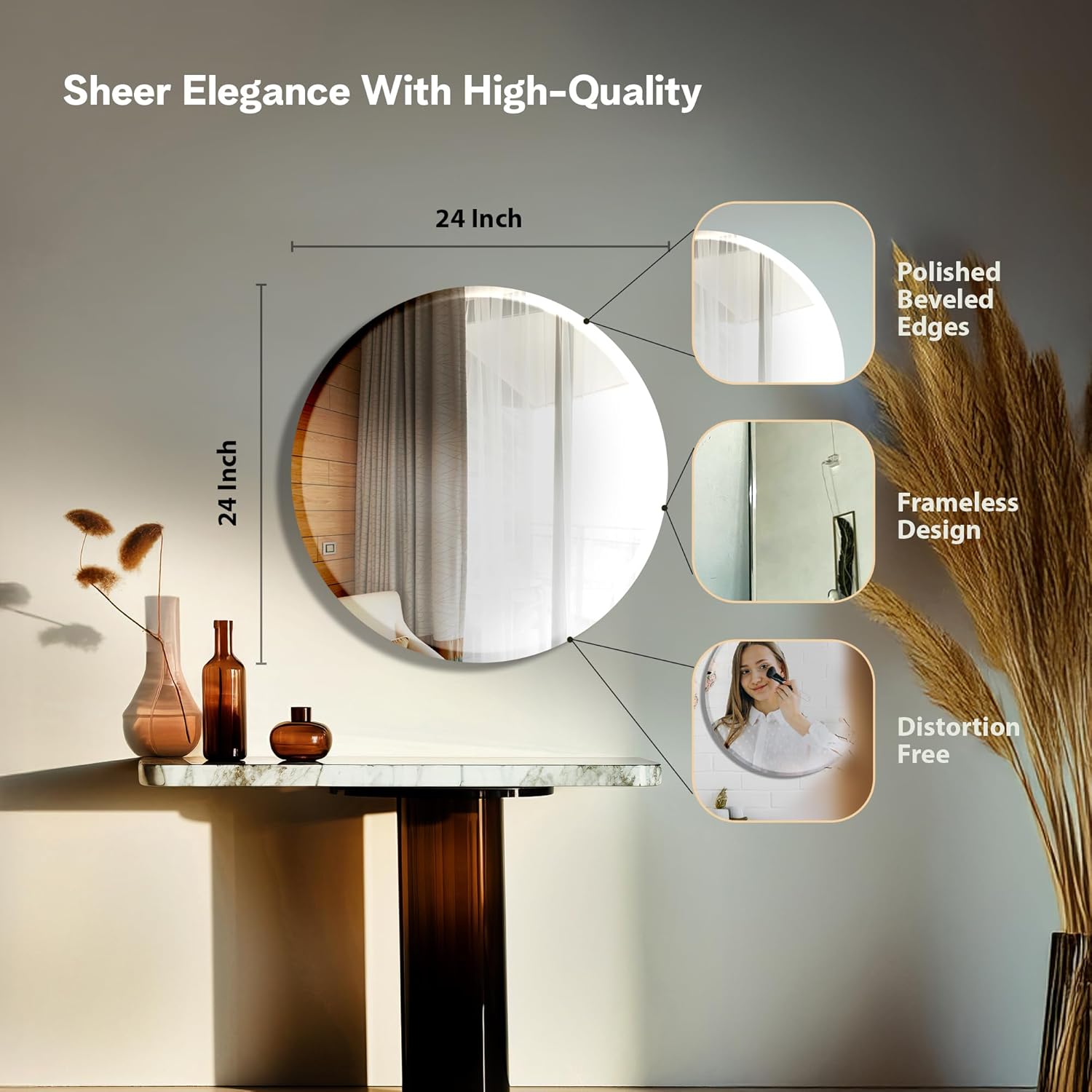 The Castle Decor Round Glass Mirror for Bathroom Wall, Frameless 5mm Silver Glass Mirror with Beveled Edges, 24x24 Inch