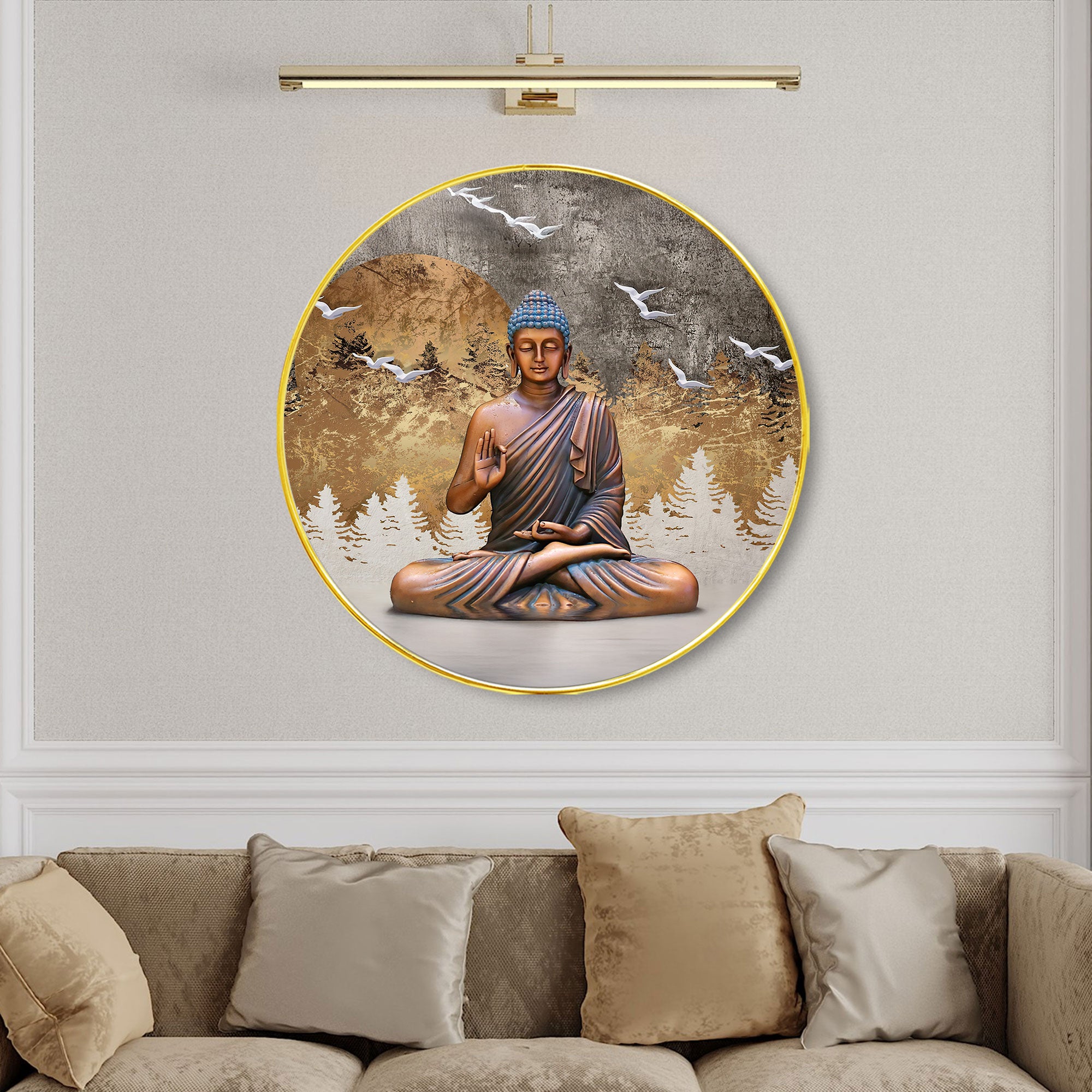 The Castle Decor Buddha Round Wall Art | Slim Golden Frame Peaceful Meditation Painting for Home, Living Room, Bedroom, Office & Gift Décor