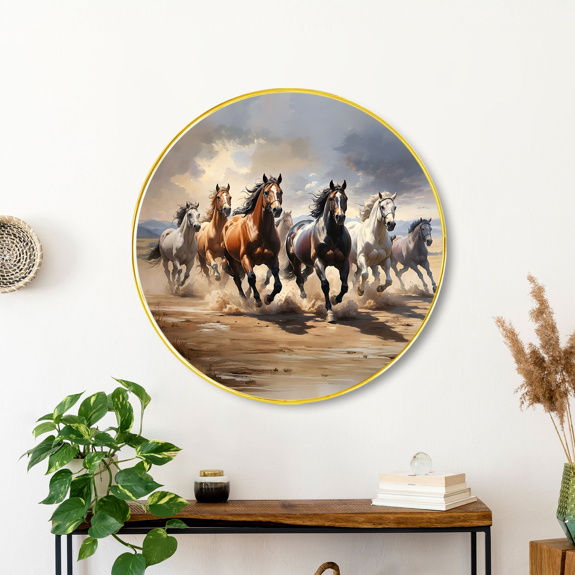 The Castle Decor Vastu 7 Running Horses Wall Décor Round | Golden Slim Frame Artwork for Home, Hotel, Living Room, Bedroom & Gift