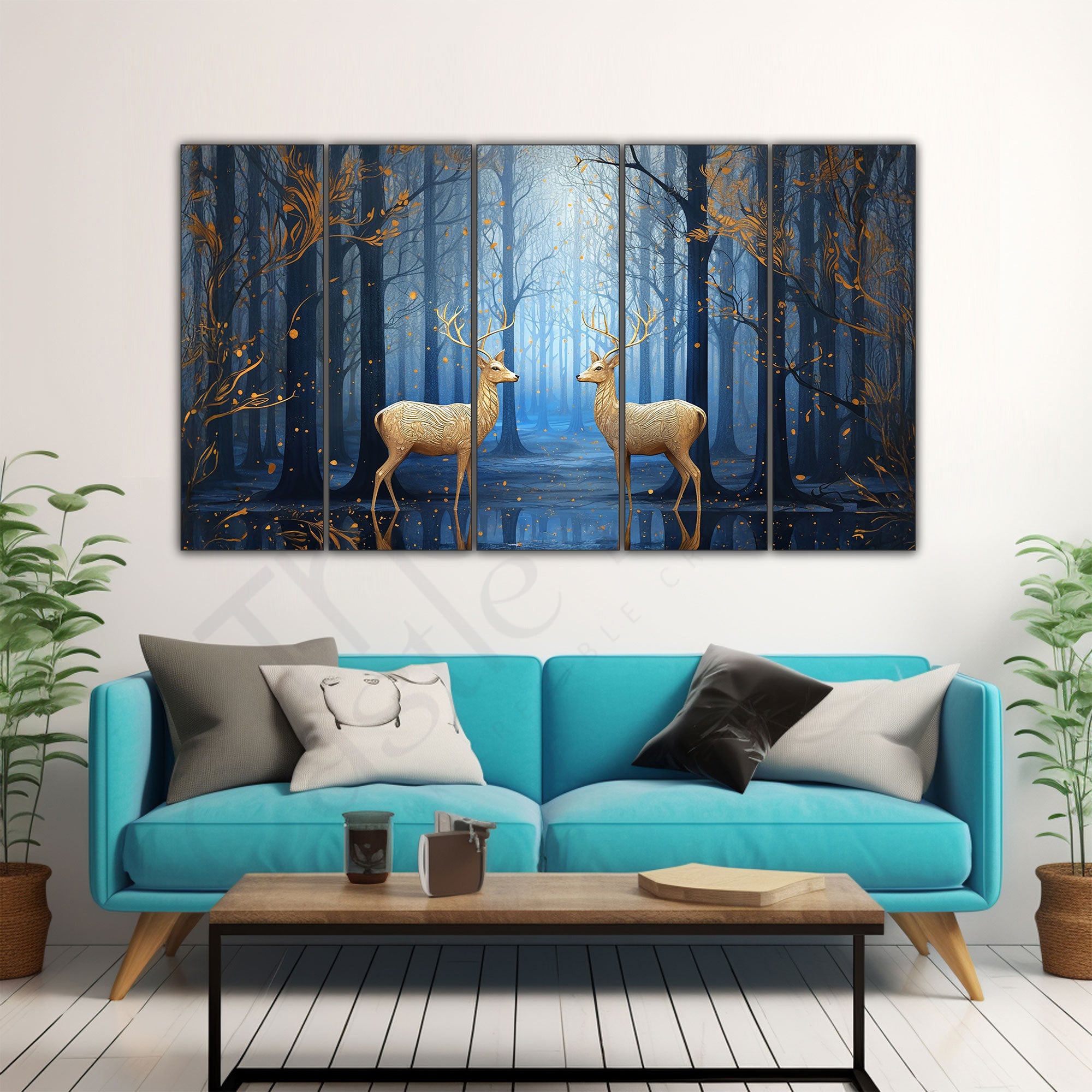 Golden deer wall Set of 5 Big Size Multiple Frames Wall Art Painting for living room,Bedroom,Drawing room,Hotels-Wooden Framed-Digital Painting
