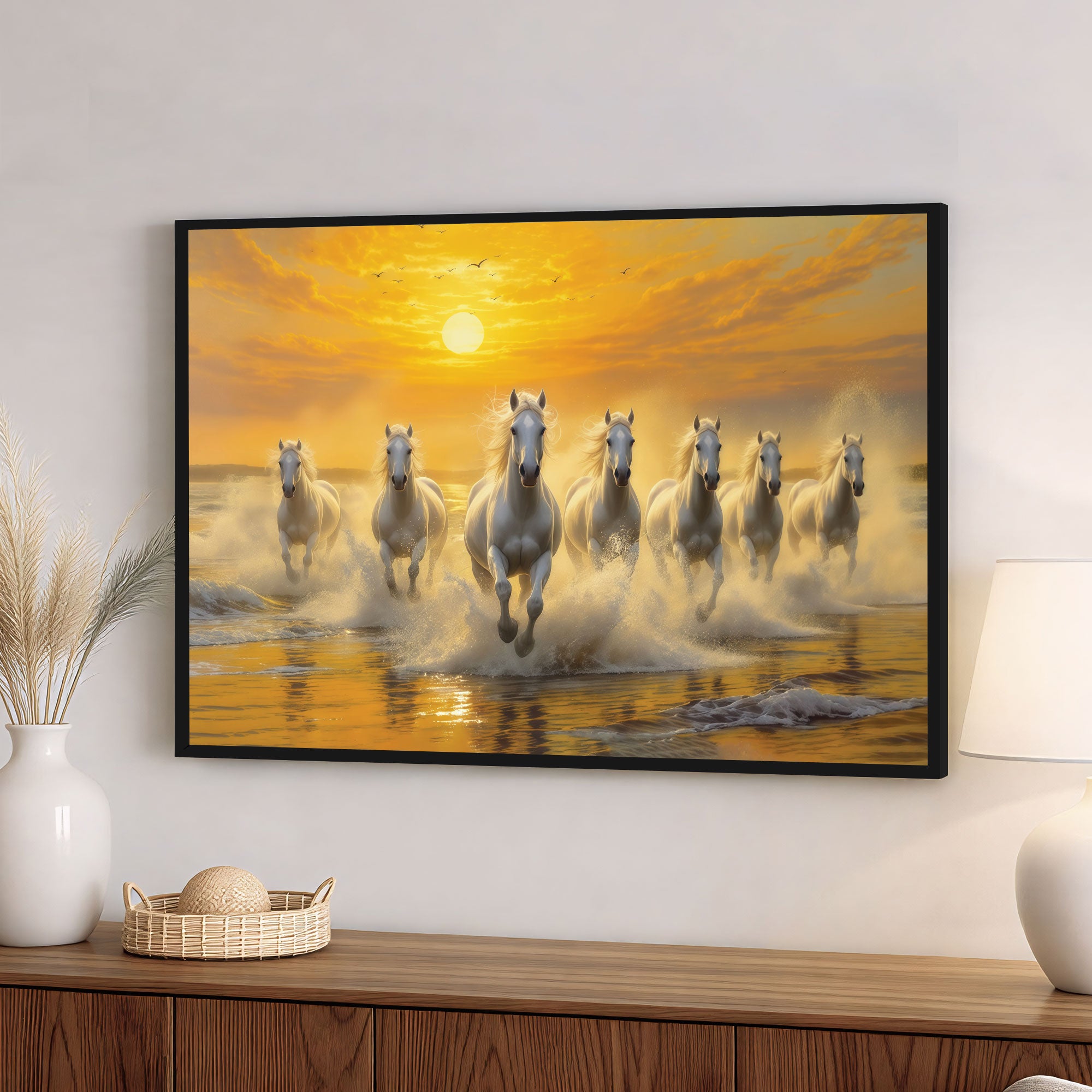 The Castle Decor 7 Running White Horses Wall Painting, Sunrise Sunset Theme, Vastu Wall Art for Living Room, Office, Bedroom Decor 20X30  inch -1002