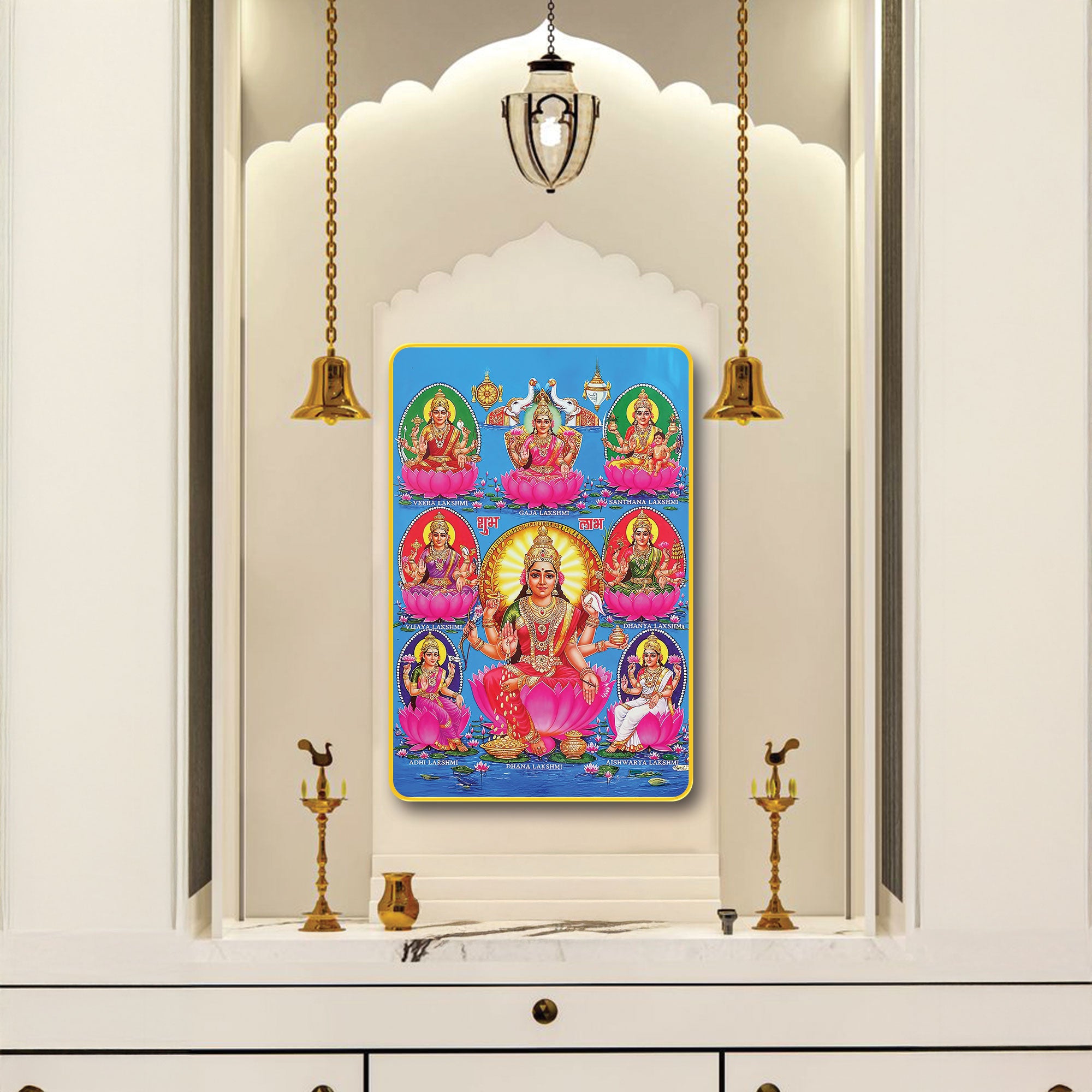 The Castle Decor AstaLakshmi Wall Art Frame 20X30 Inch | Sparkle Laminated Digital Print on MDF | Gold Slim Frame | Hindu Goddess Lakshmi for Home, Temple & Office Décor