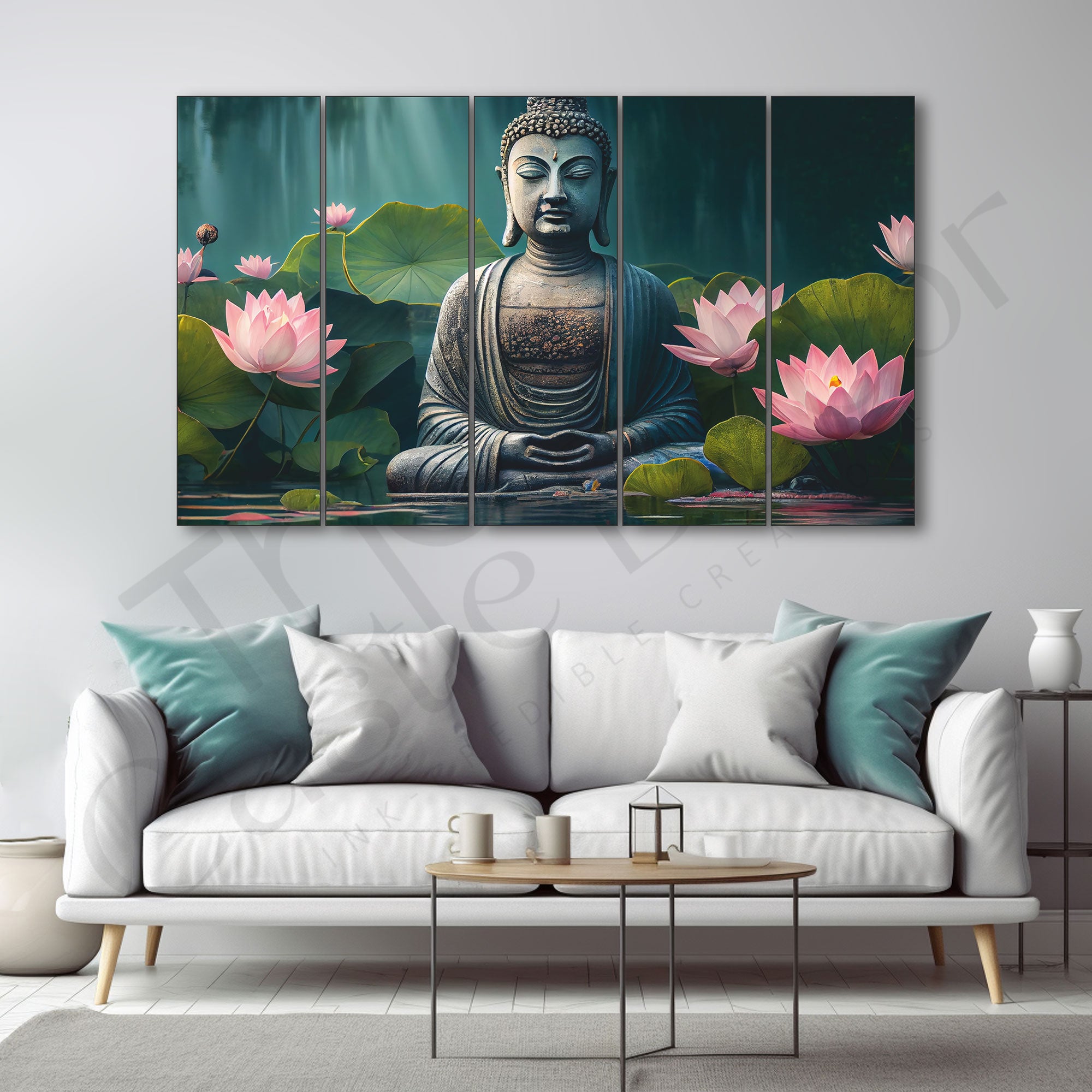 Lotus Buddha Zen Decorative Wellness Set of 5 Big Size Multiple Frames Wall Art Painting for living room,Bedroom,Drawing room,Hotels-Wooden Framed-Digital Painting