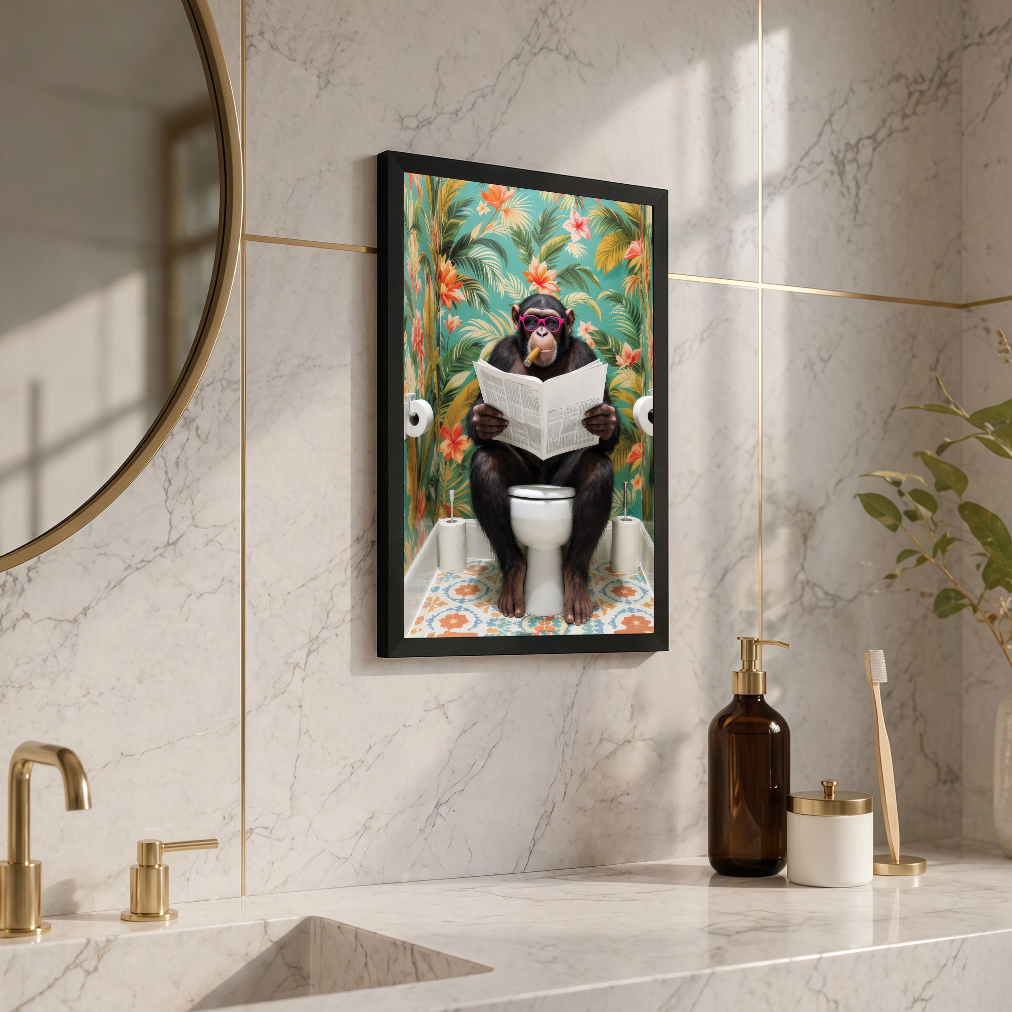 The Castle Decor Funny Chimpanzee Reading Newspaper on Toilet Framed Wall Art – Cool Monkey with Sunglasses Smoking Cigar in Bathroom Framed Poster, Tropical Jungle Restroom Decor