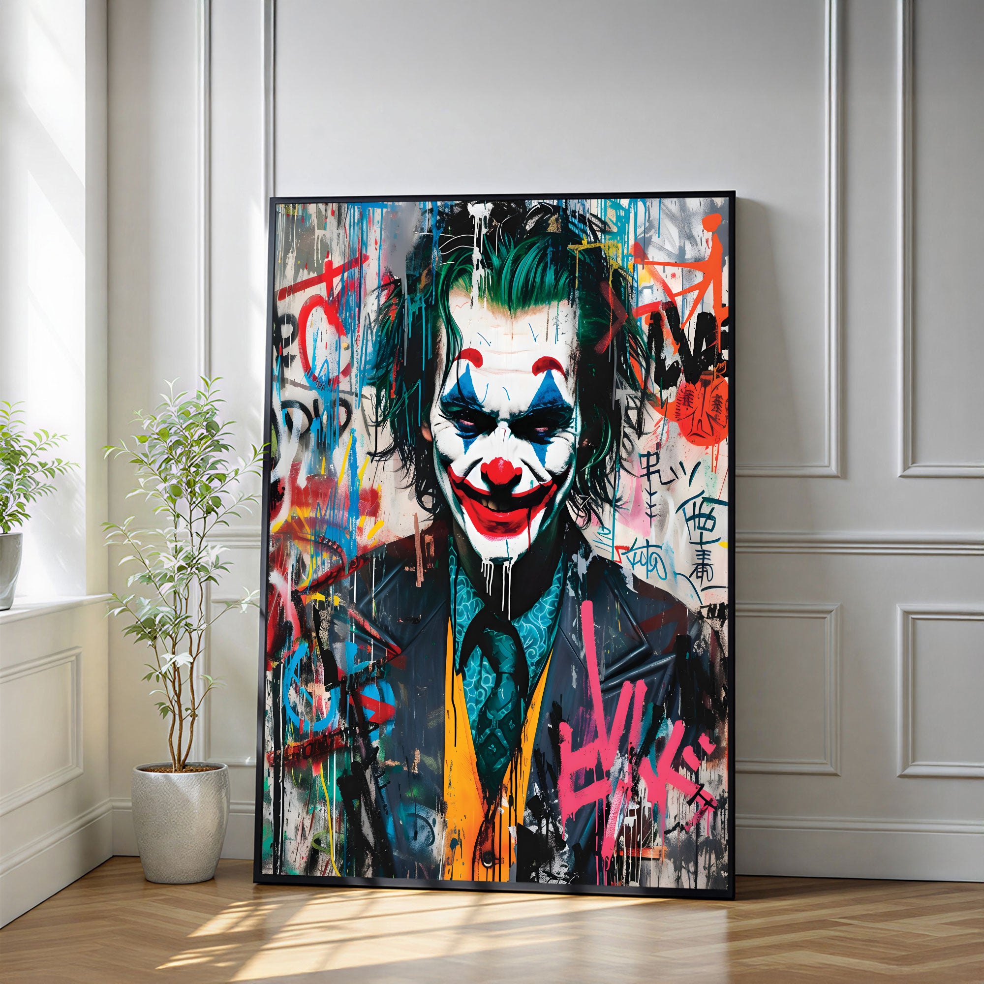 The Castle Decor Joker Graffiti Wall Art – Dark Pop Art Street Style Portrait with Premium Sparkle Finish, 20×30 Inch Wall Décor for Man Cave & Creative Room
