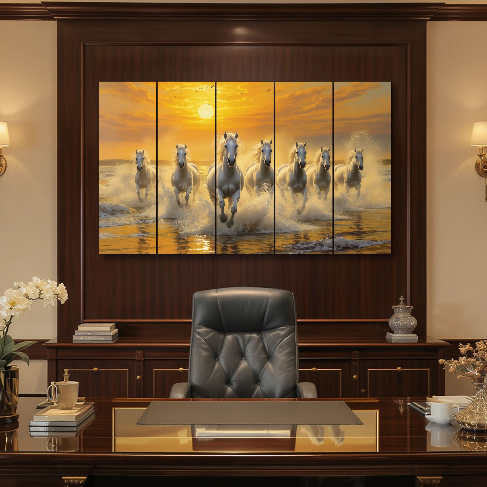 The Castle Decor 7 Running Sunrise Horses Wall Painting for Living Room Big Size Set of 5