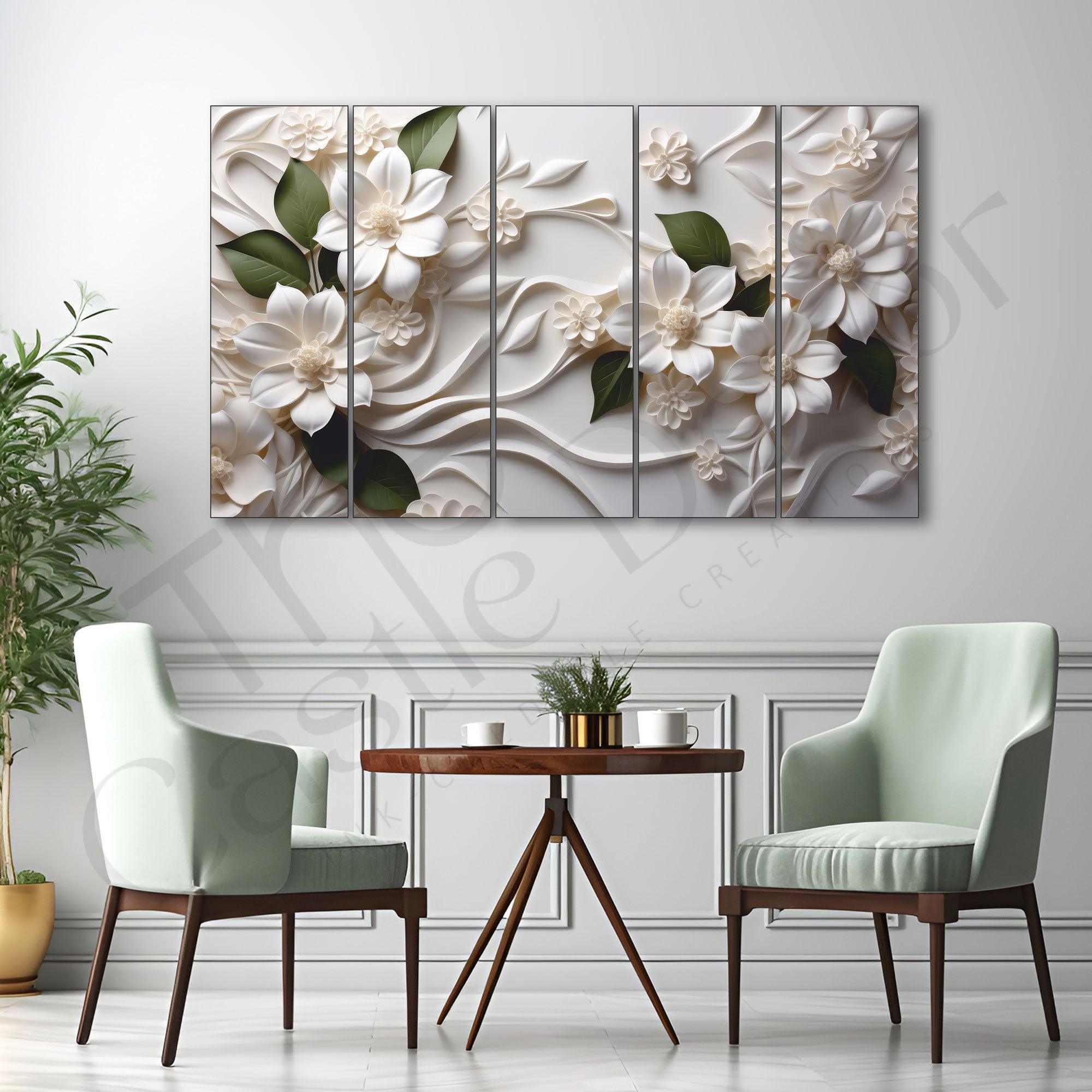 White Flower Painting Set of 5 for Home Decoration