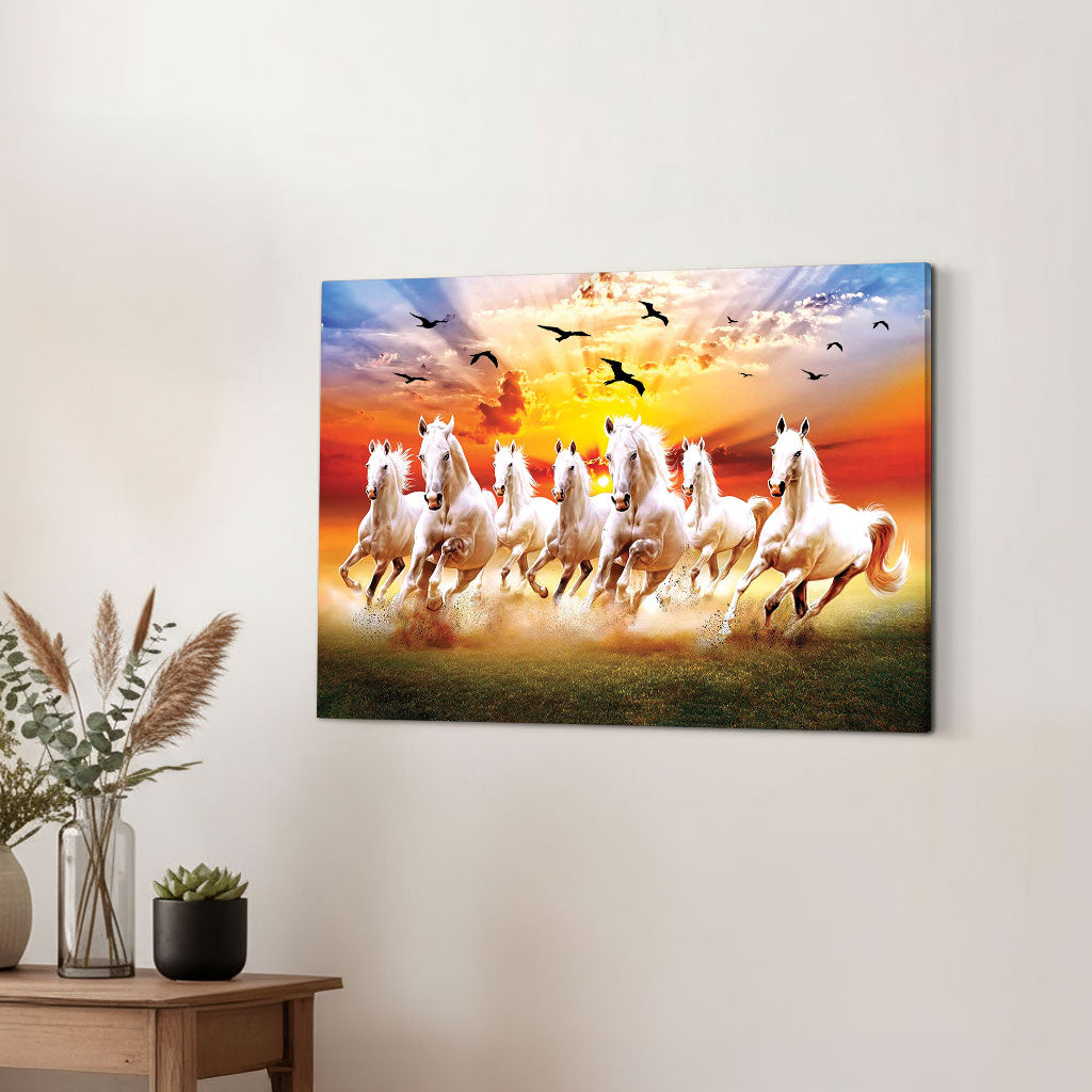 The Castle Decor 7 Running White Horses Wall Painting, Sunrise Sunset Theme, Vastu Wall Art for Living Room, Office, Bedroom Decor 12x18 inch 1003