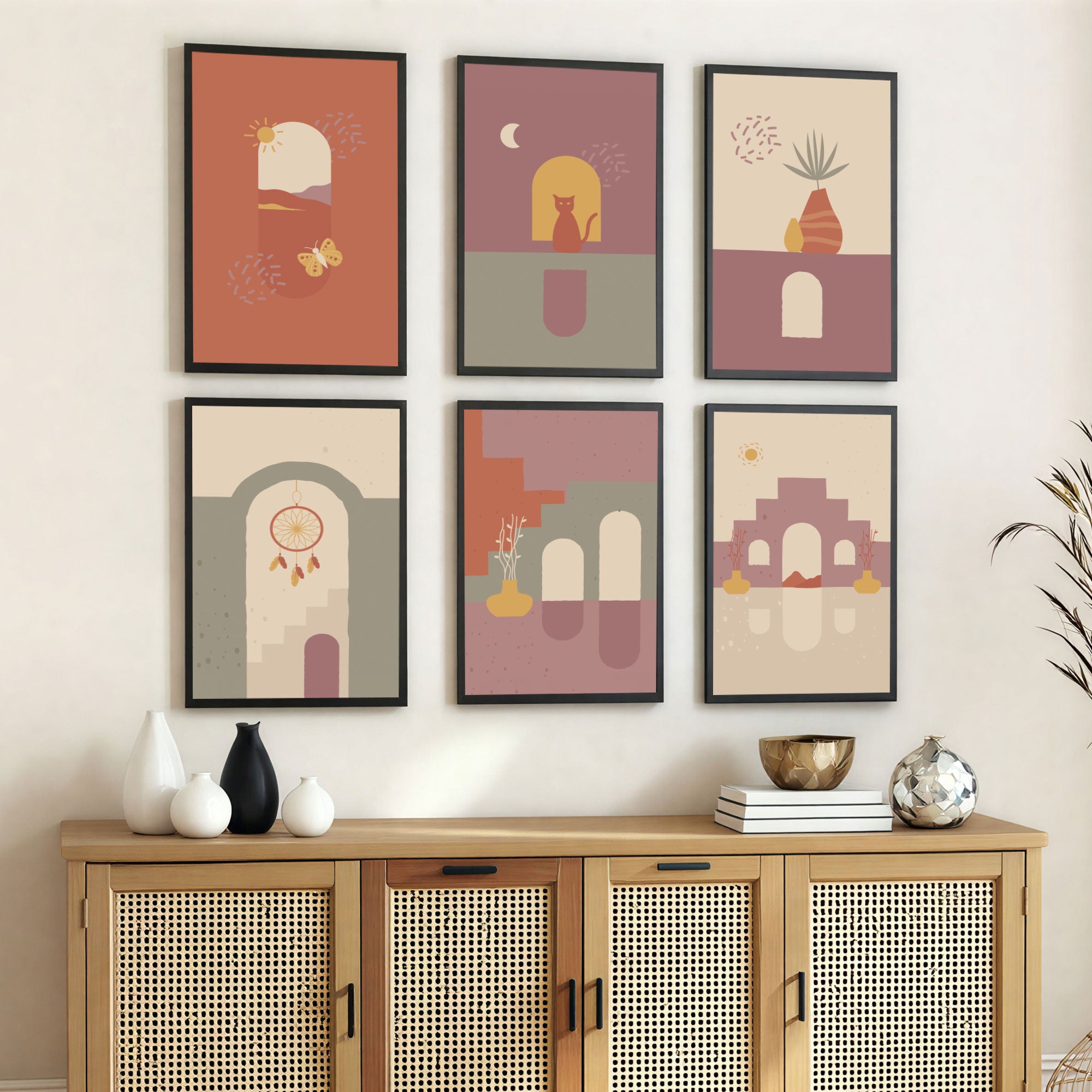 The Castle Decor Boho Wall Art for Living Room Big Size | Framed Abstract Botanical Paintings for Living Room & Bedroom | Modern Home Decoration & Perfect Gifting Option | Set of 6 (11×17 Inch Each)2