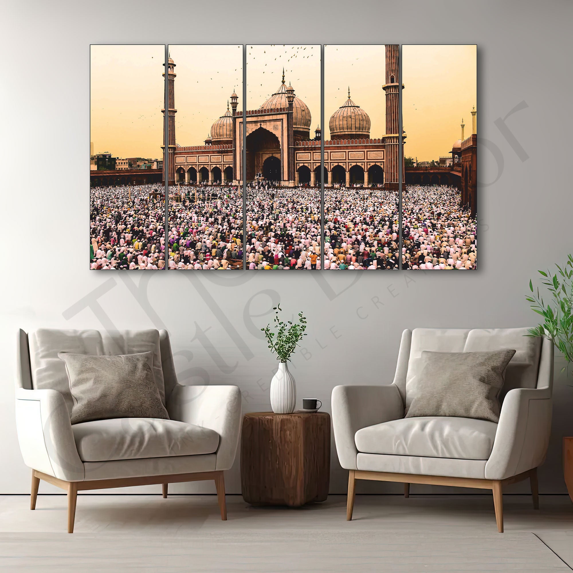 Islamic Ramadan Jama Masjid Set of 5 Big Size Multiple Frames Wall Art Painting for living room,Bedroom,Drawing room,Hotels-Wooden Framed-Digital Painting 27X48