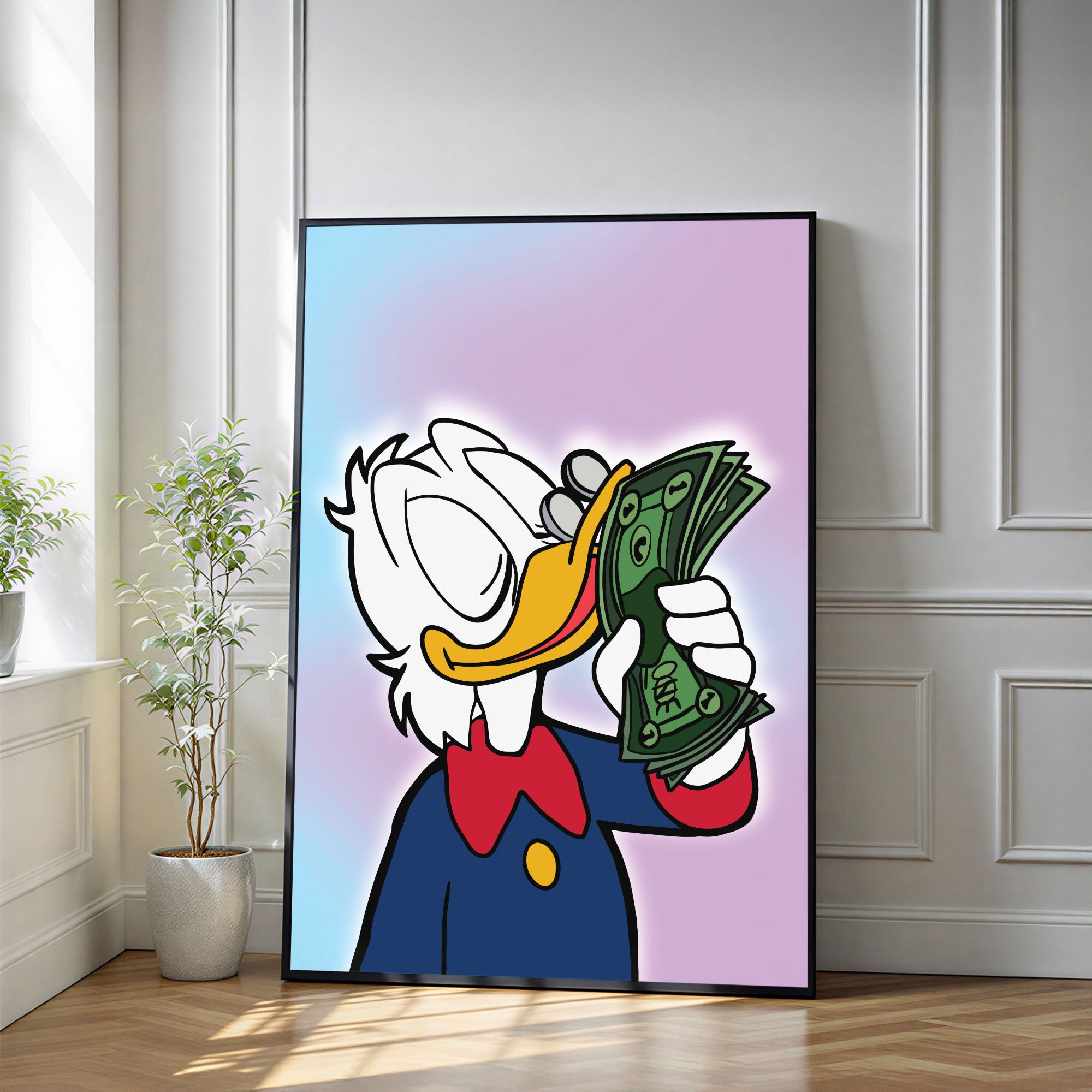 The Castle Decor Luxury Duck Money Pop Art Wall Art – Designer Cartoon Wealth Illustration with Cash Theme, Premium Sparkle Finish, 20×30 Inch Wall Décor for Office
