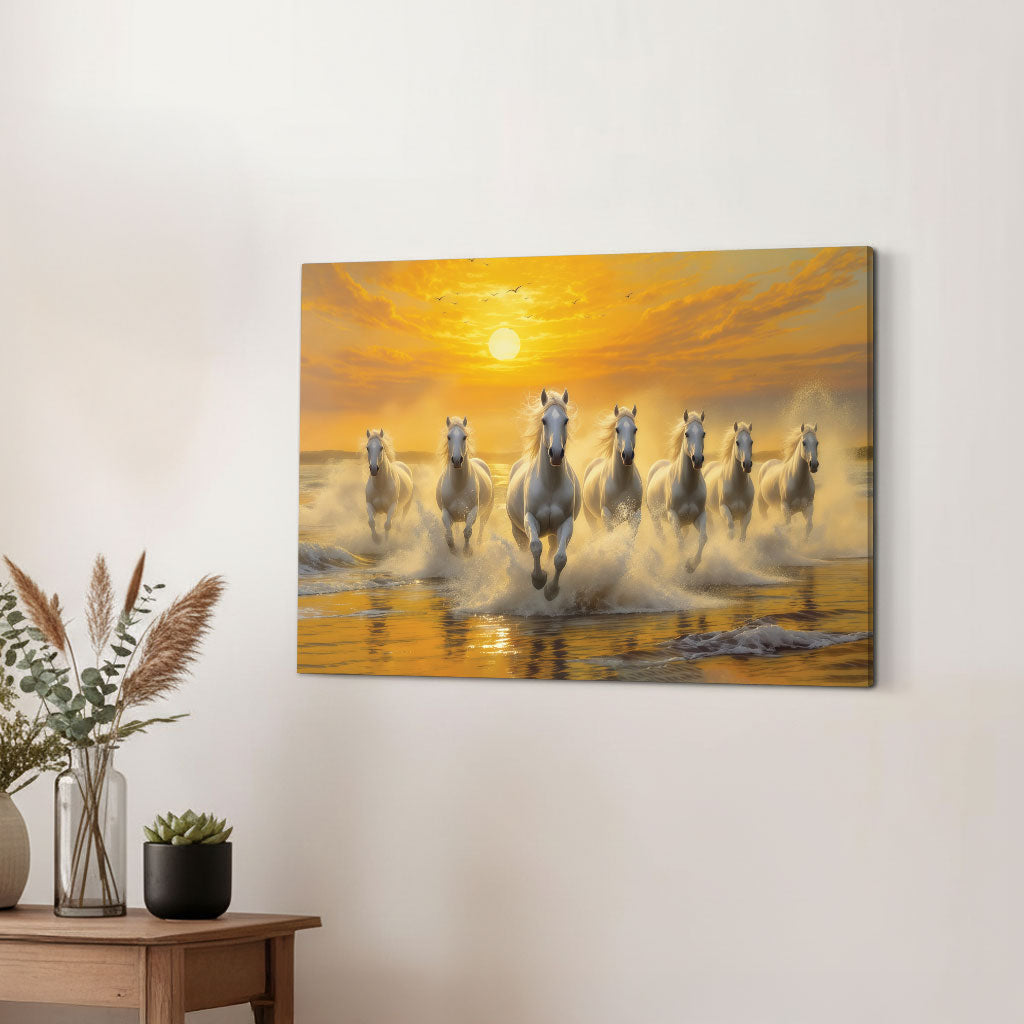 The Castle Decor 7 Running White Horses Wall Painting, Sunrise Sunset Theme, Vastu Wall Art for Living Room, Office, Bedroom Decor 12x18 inch 1002