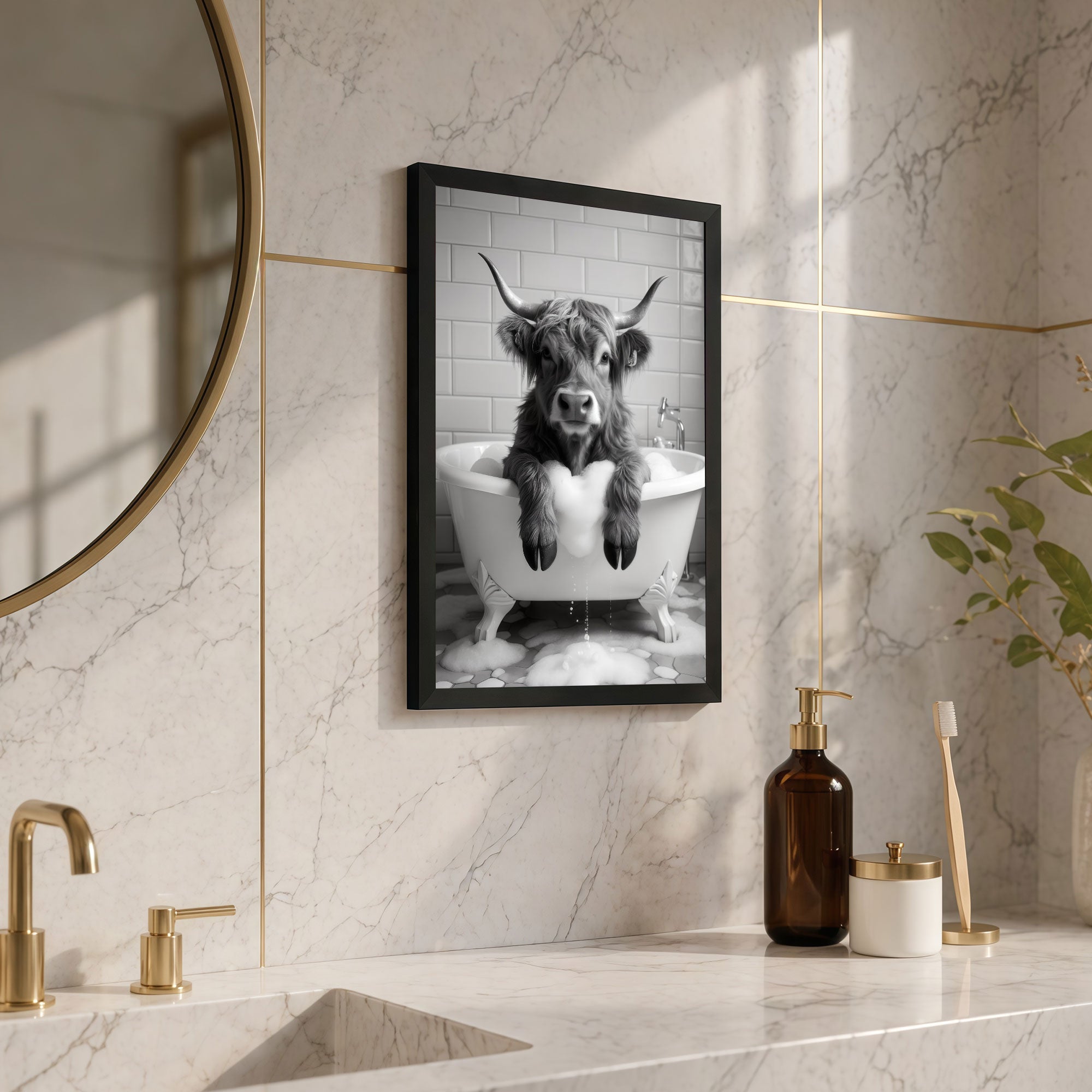 The Castle Decor Funny Elephant Reading Newspaper on Toilet Framed Wall Art – Cute Safari Animal Sitting on Commode Framed Poster, Humorous Bathroom Restroom Wall Decor