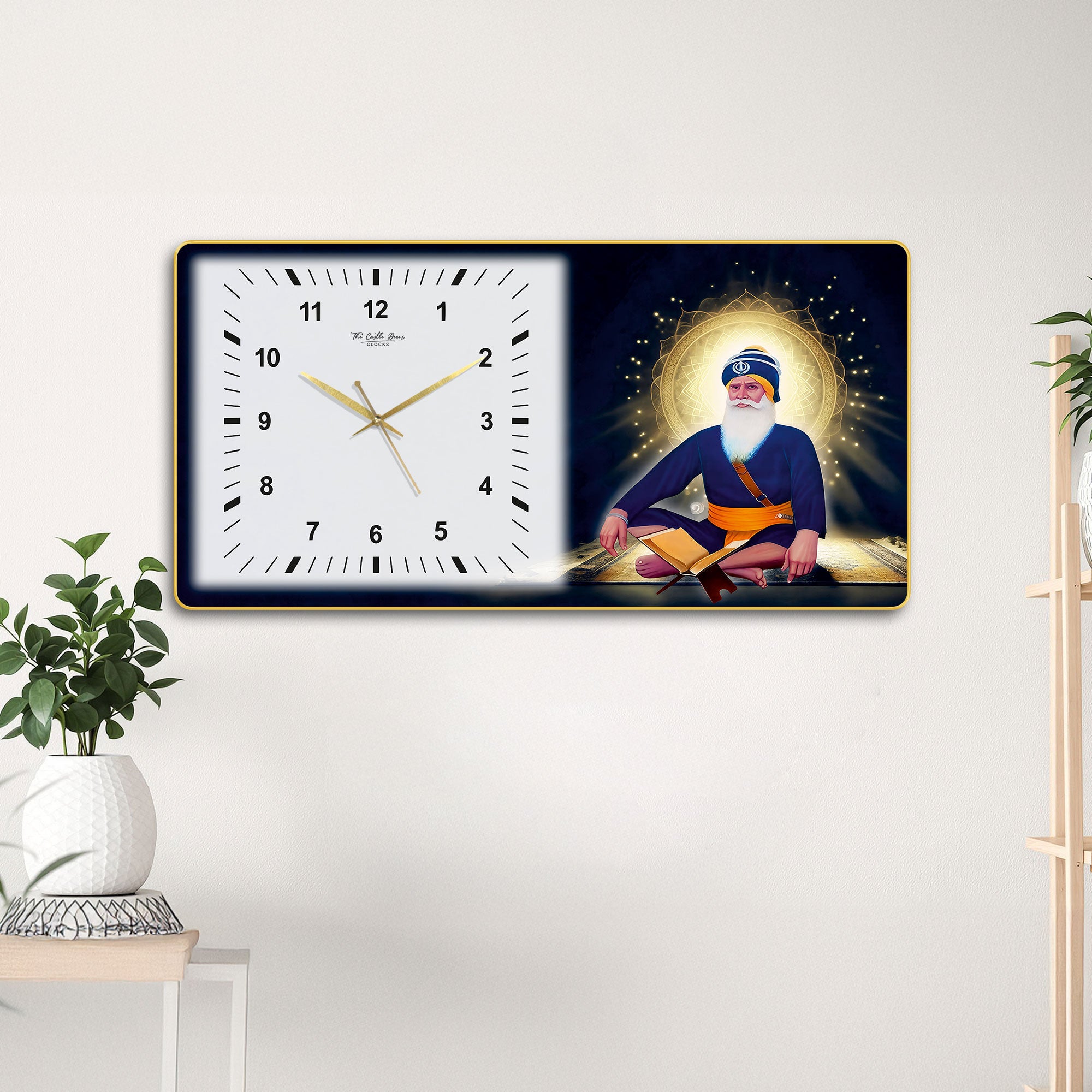 The Castle Decor Baba Deep Singh Ji Wall Clock 24x12 Inch, Silent Sweep Non-Ticking Decorative Clock with Golden Slim Frame