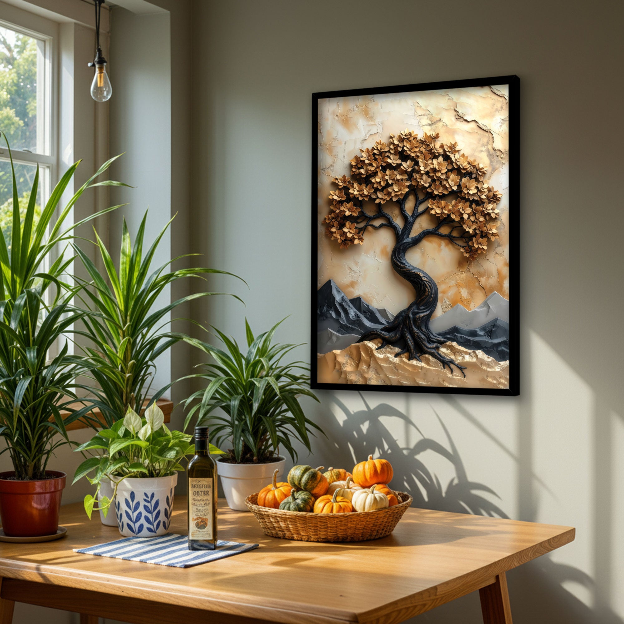 The Castle Decor Wood Abstract Golden Wish Tree Painting | Lucky Wish Tree Wall Art for Living Room | Big Size Framed Wall Decoration | Multicolor Textured Abstract Painting (20x30 Inch)