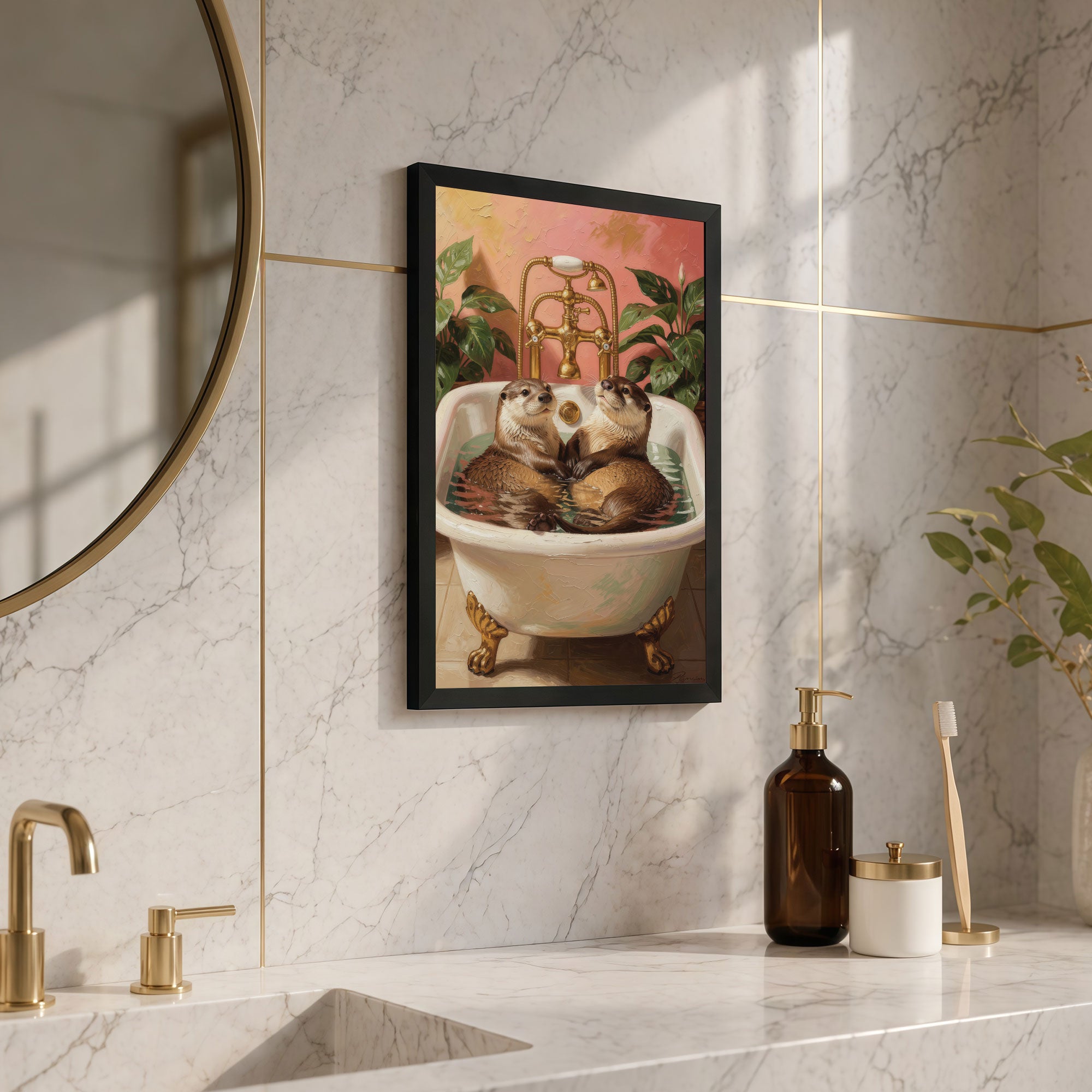 The Castle Decor Cute Otters Bathtub Wall Art | Funny Animal Bathroom Decor | Framed Bathroom Painting | Whimsical Bathroom Artwork for Home