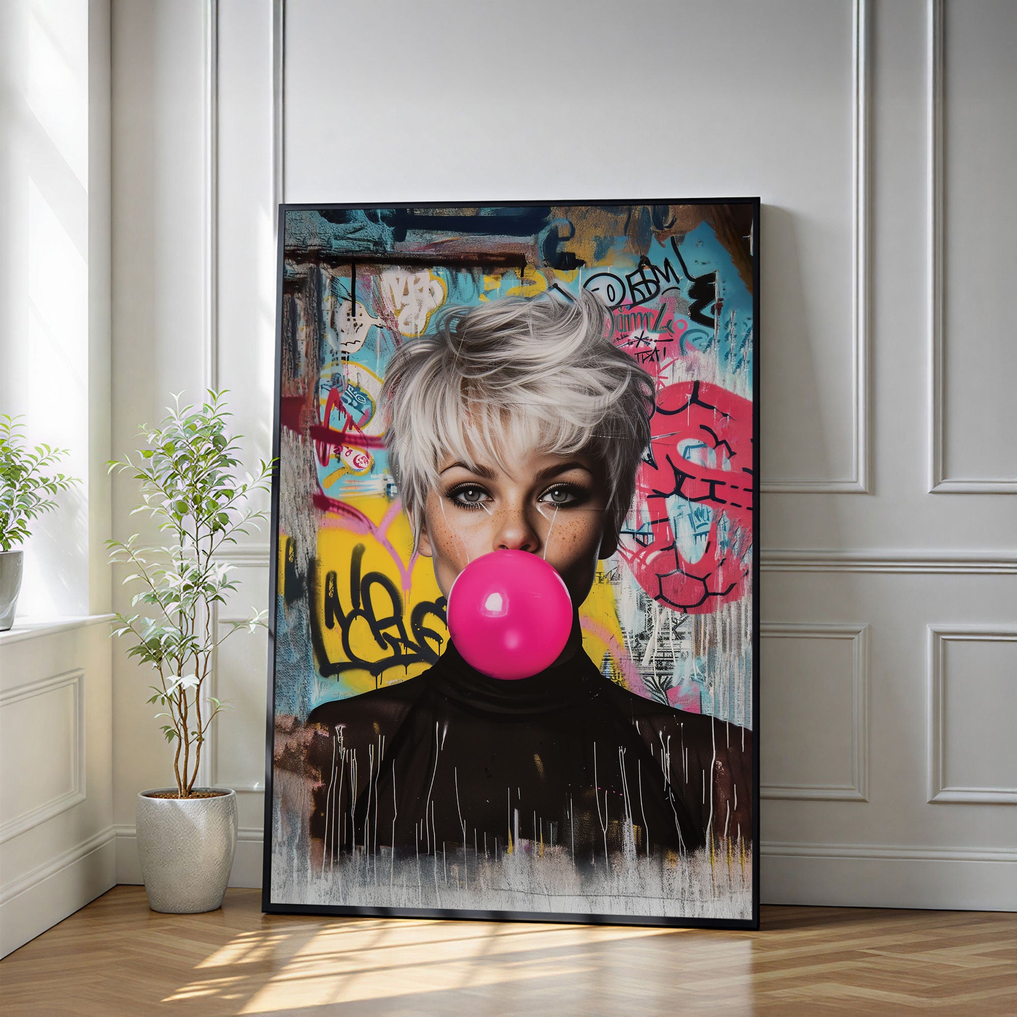 The Castle Decor Modern Pop Art Girl Wall Poster, Bubblegum Street Style Portrait Artwork with Premium Sparkle Finish, 20×30 Inch Wall Décor for Studio & Living Room