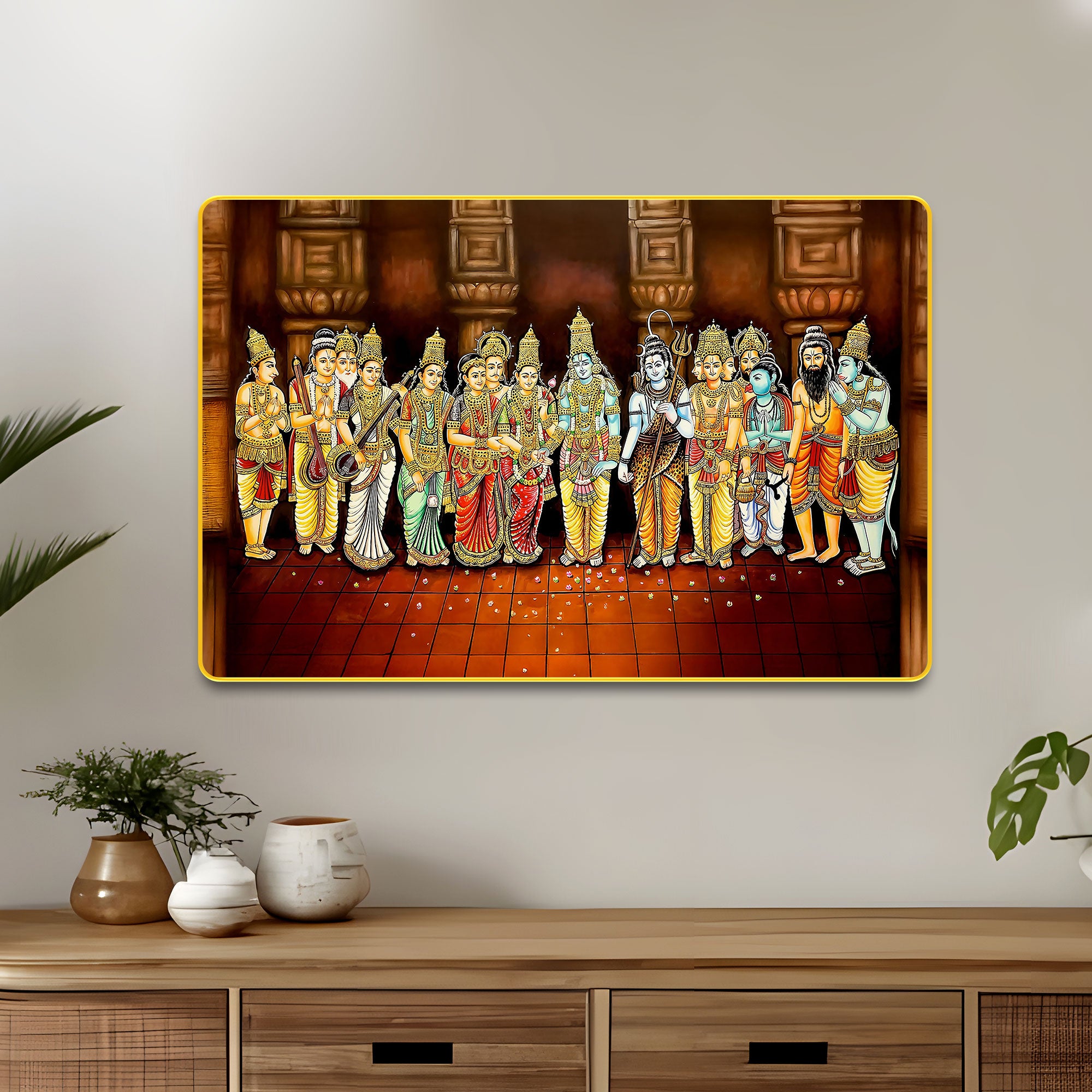The Castle Decor Lord Shiva Kalyanam Digital Print With Sparkle Lamination Wall Art | Premium Golden Slim Frame | Divine Hindu God Wall Décor for Home, Living Room & Pooja Room 20X30 Inches